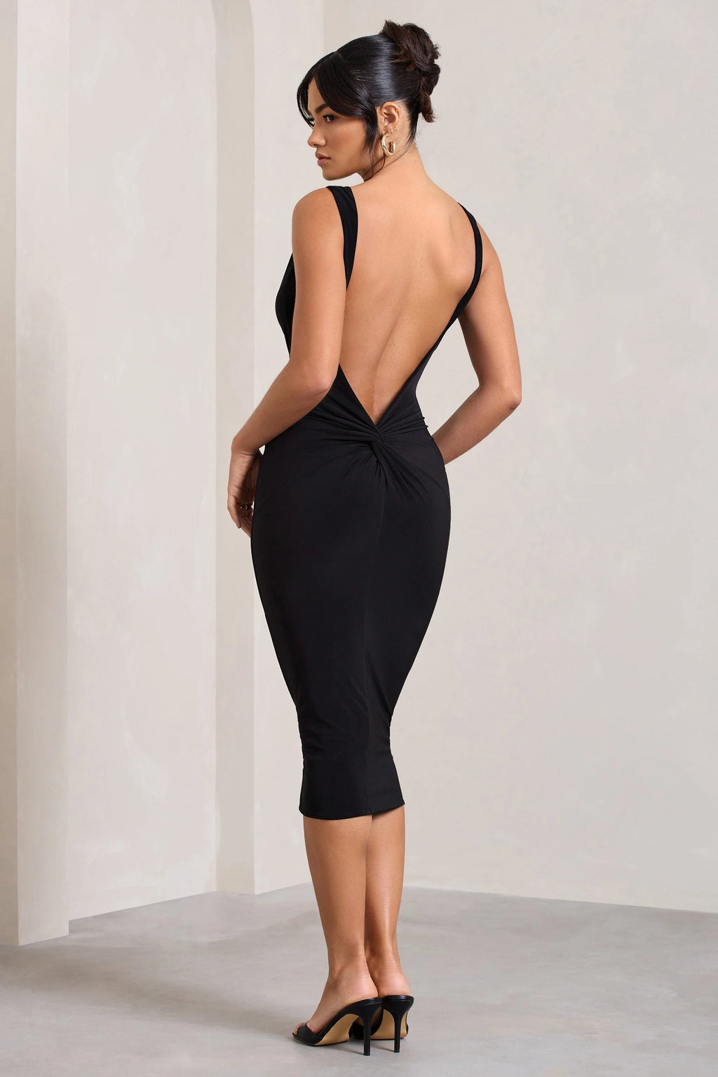 Rosie | Black Sleeveless Cowl-Neck Bodycon Midi Dress