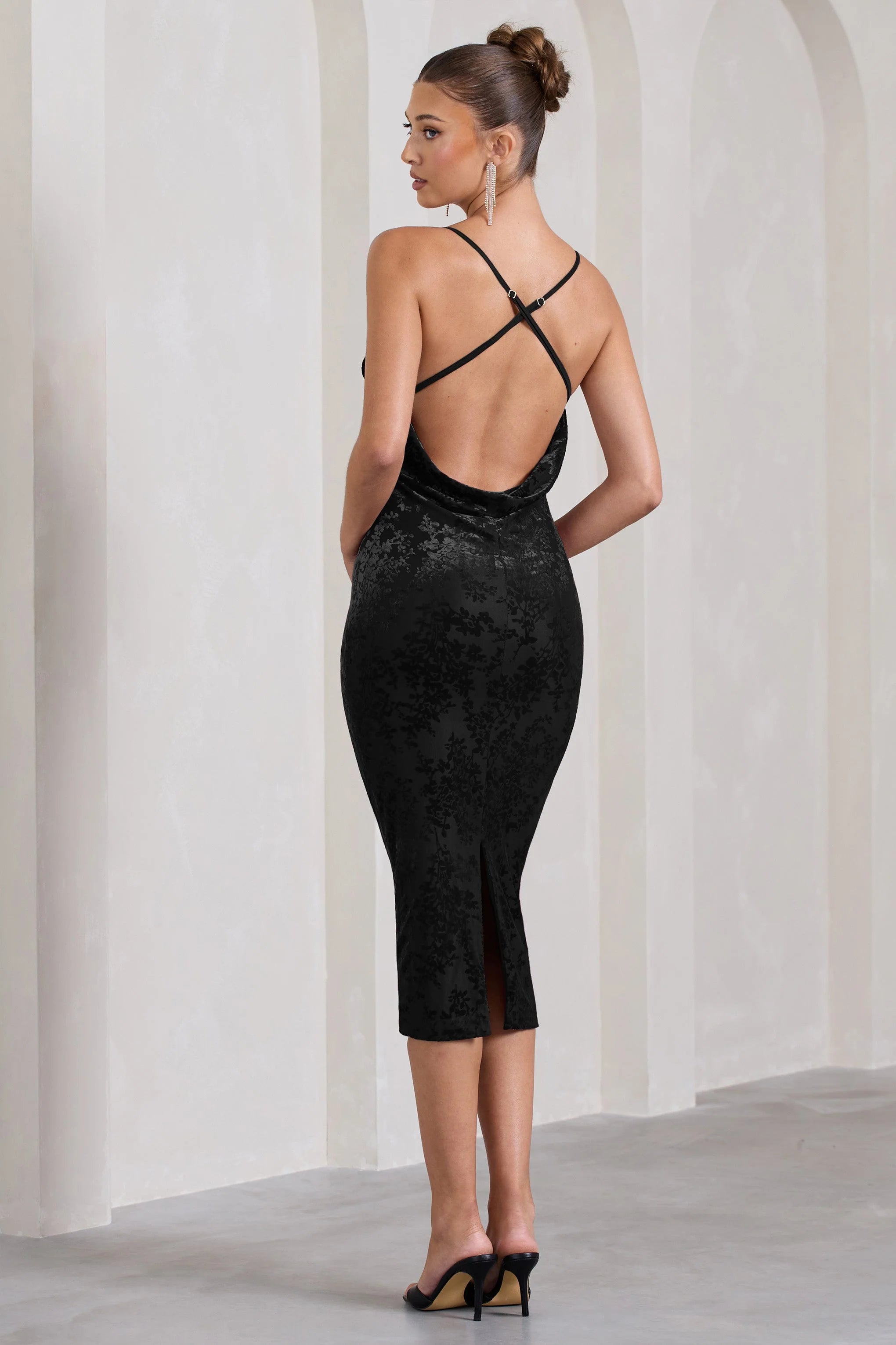 Whitney | Black Velvet Floral Strappy Sweetheart Midi Dress