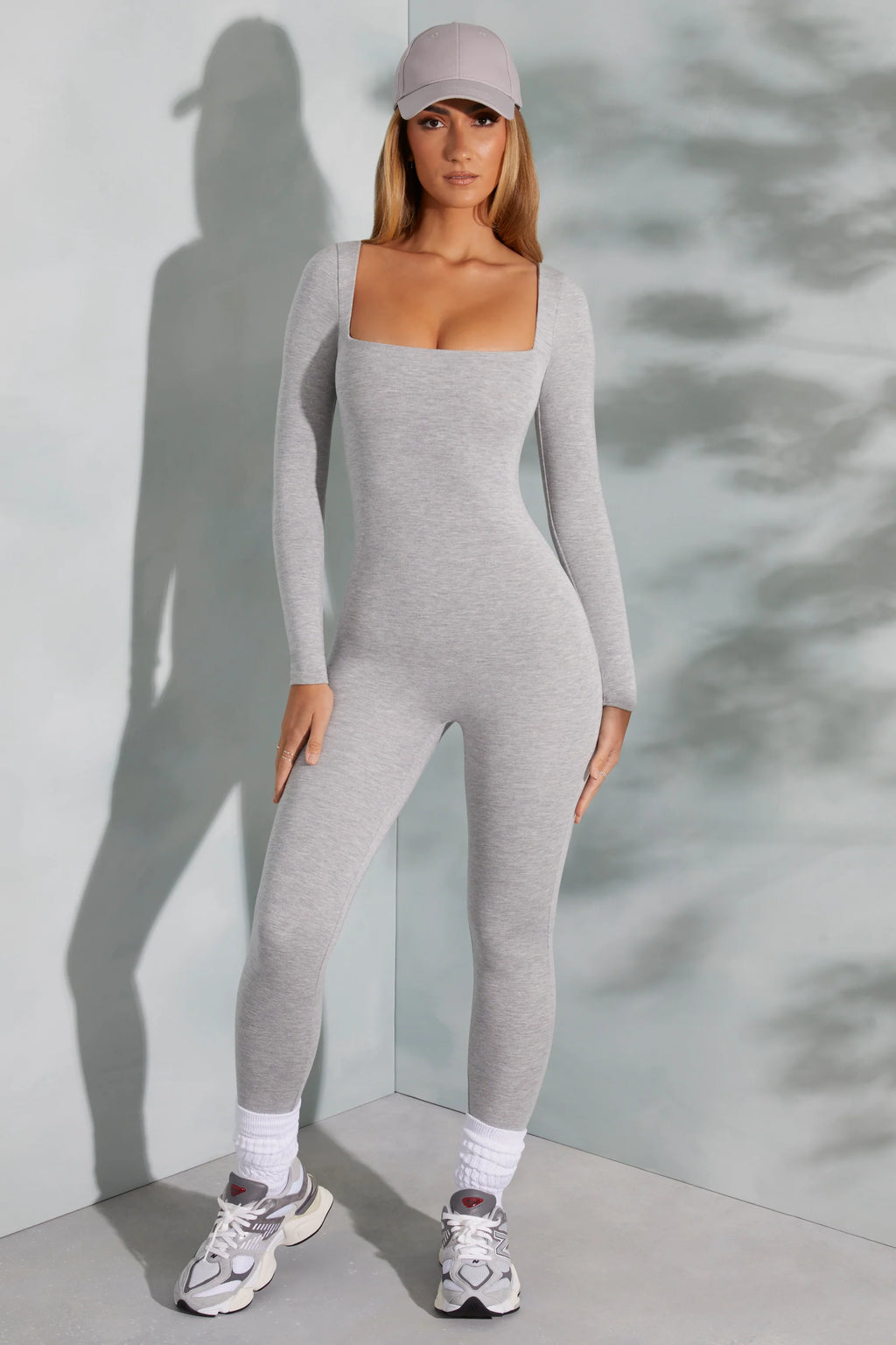 Tall Square Neck Long Sleeve Jumpsuit in Marled Grey