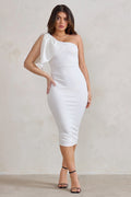 Samantha | White One Shoulder Bow Detail Midi Dress
