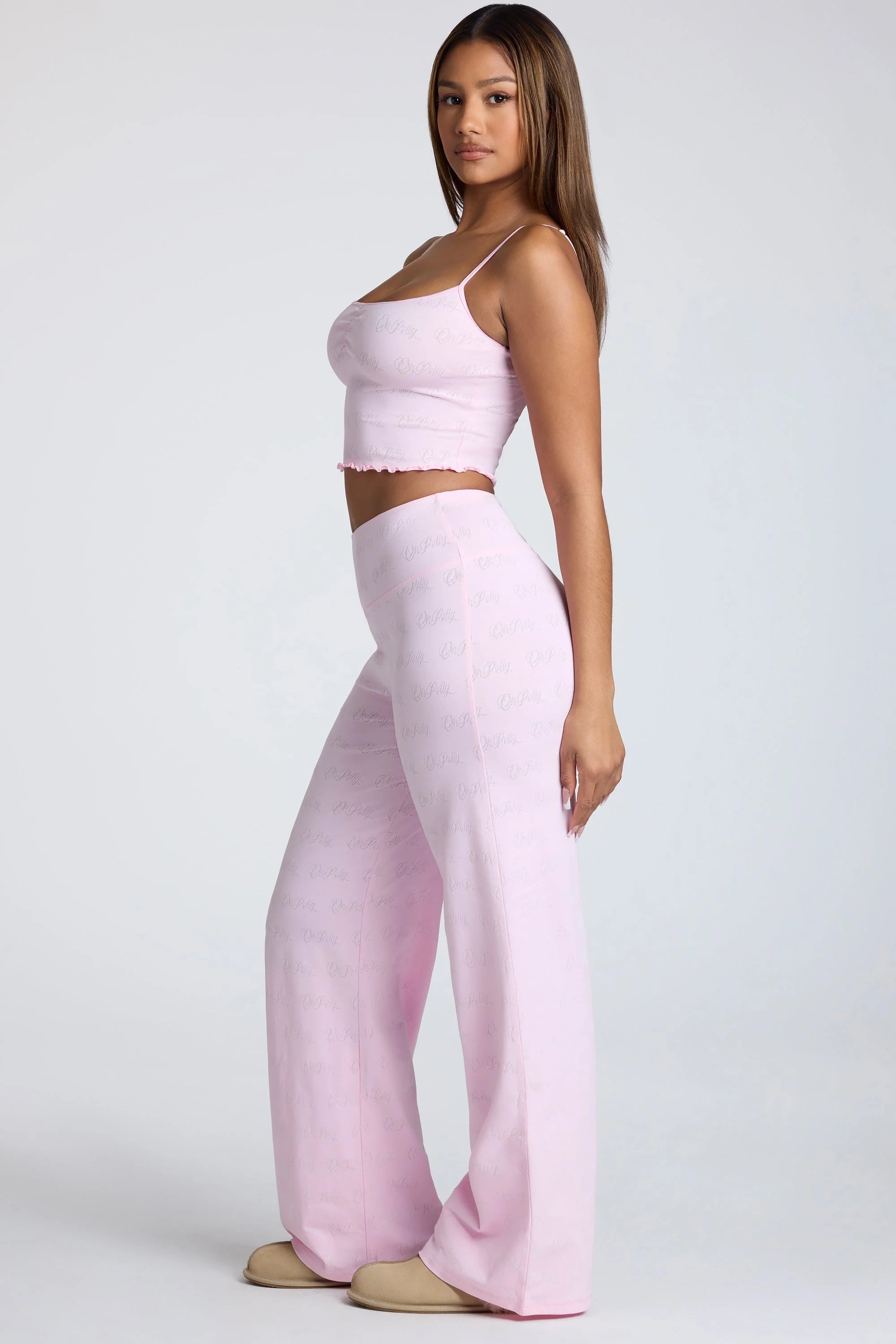 Petite Mid Rise Straight Leg Pointelle Trousers in Baby Pink