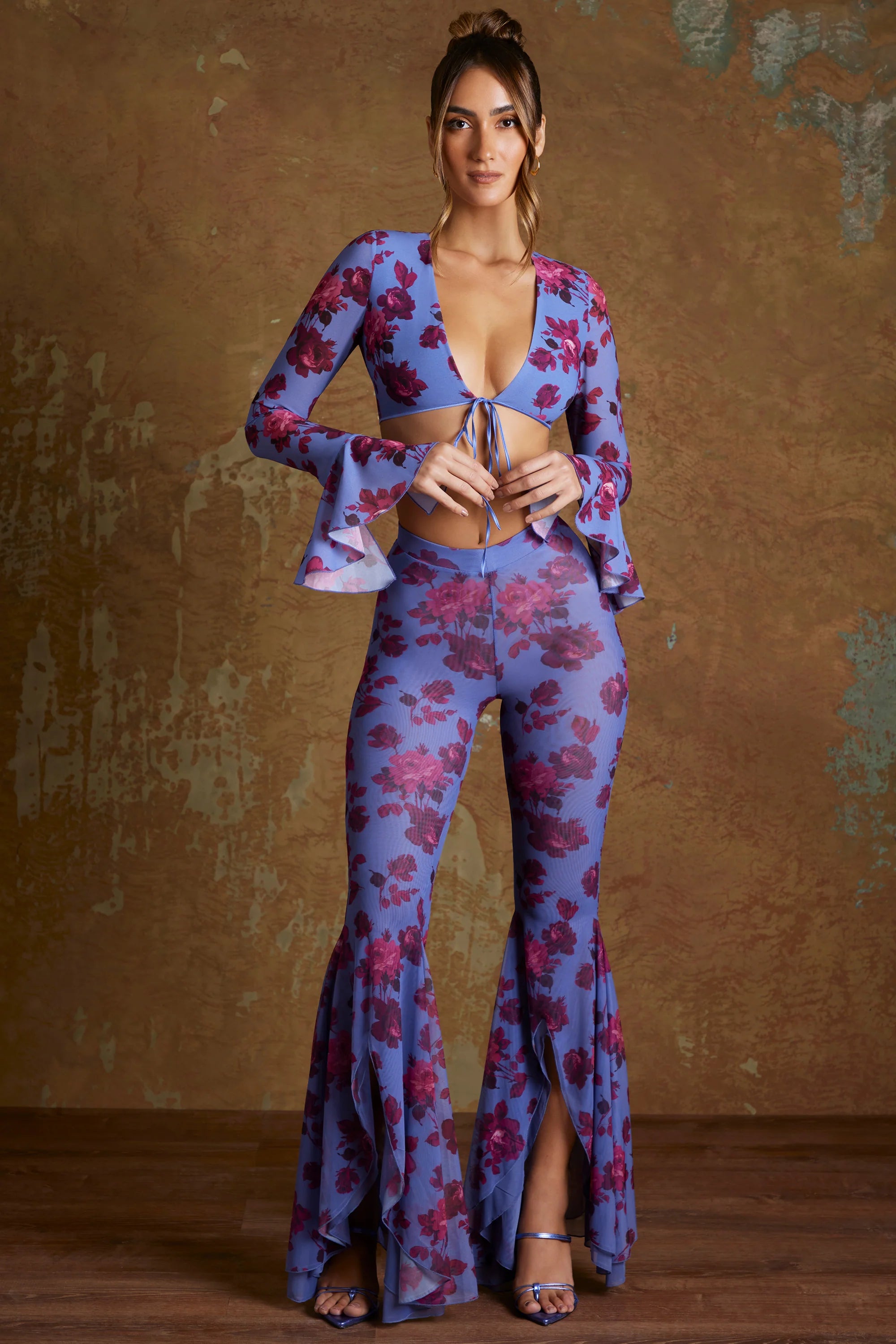Petite Split Flare Ruffle Trousers in Periwinkle Print