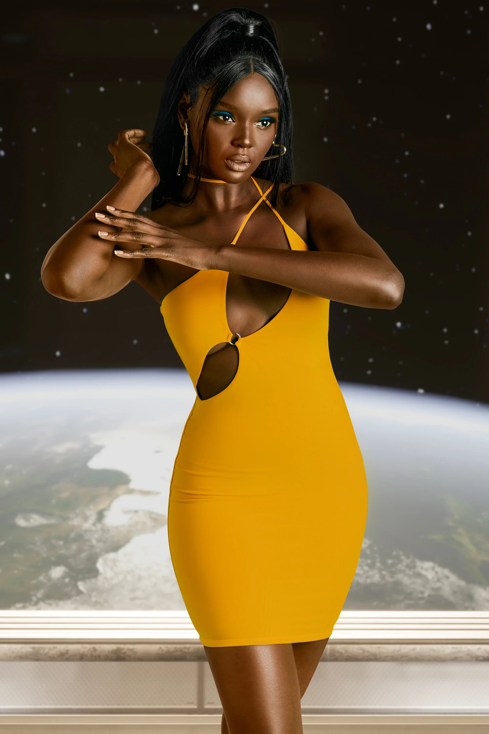 Asymmetric Cut Out Mini Dress in Yellow