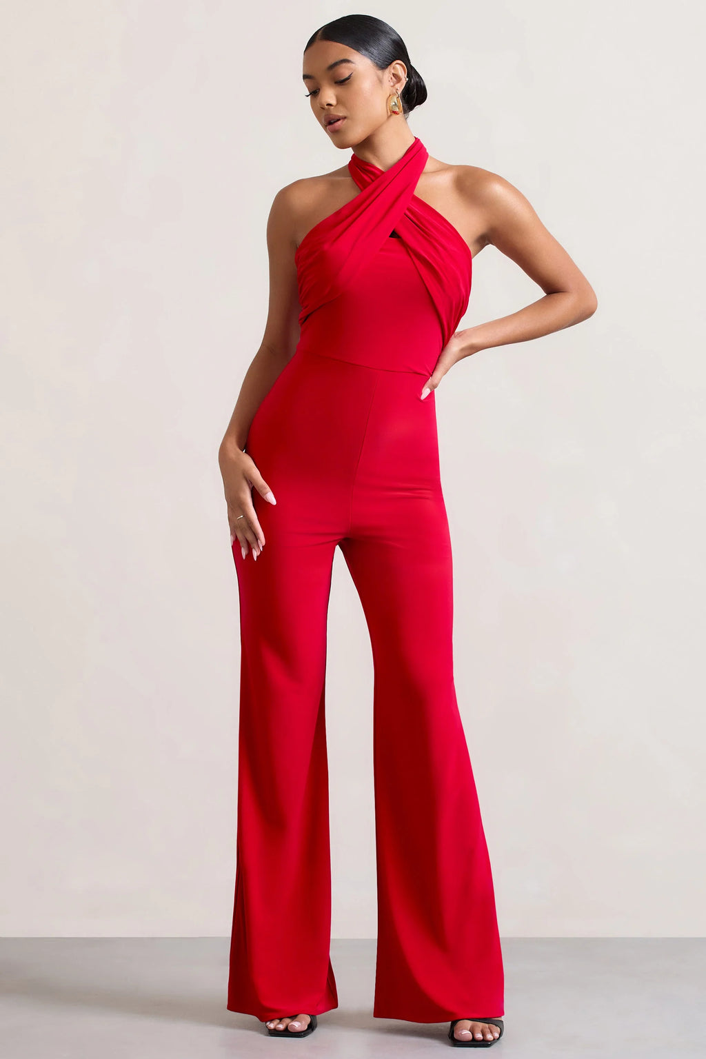 Goddess | Red Halter Neck Flare Jumpsuit
