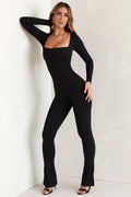 Petite Long Sleeve Square Neck Jumpsuit in Black