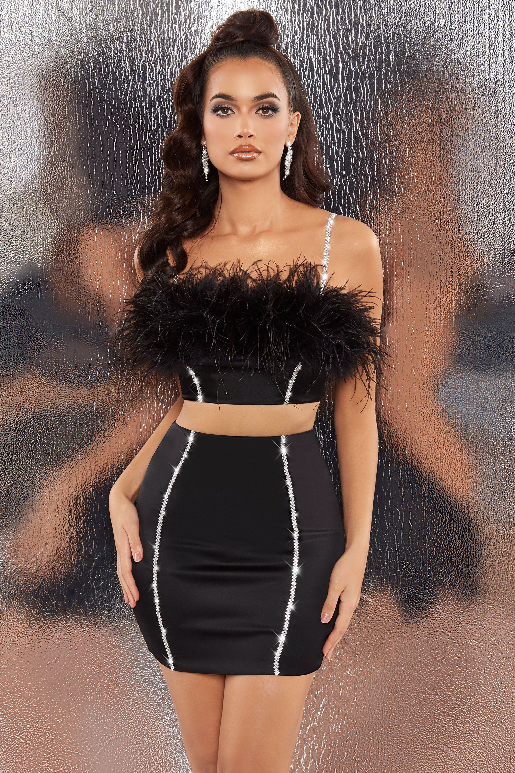 Bring The Party Embellished Satin Feather Crop Top in Black