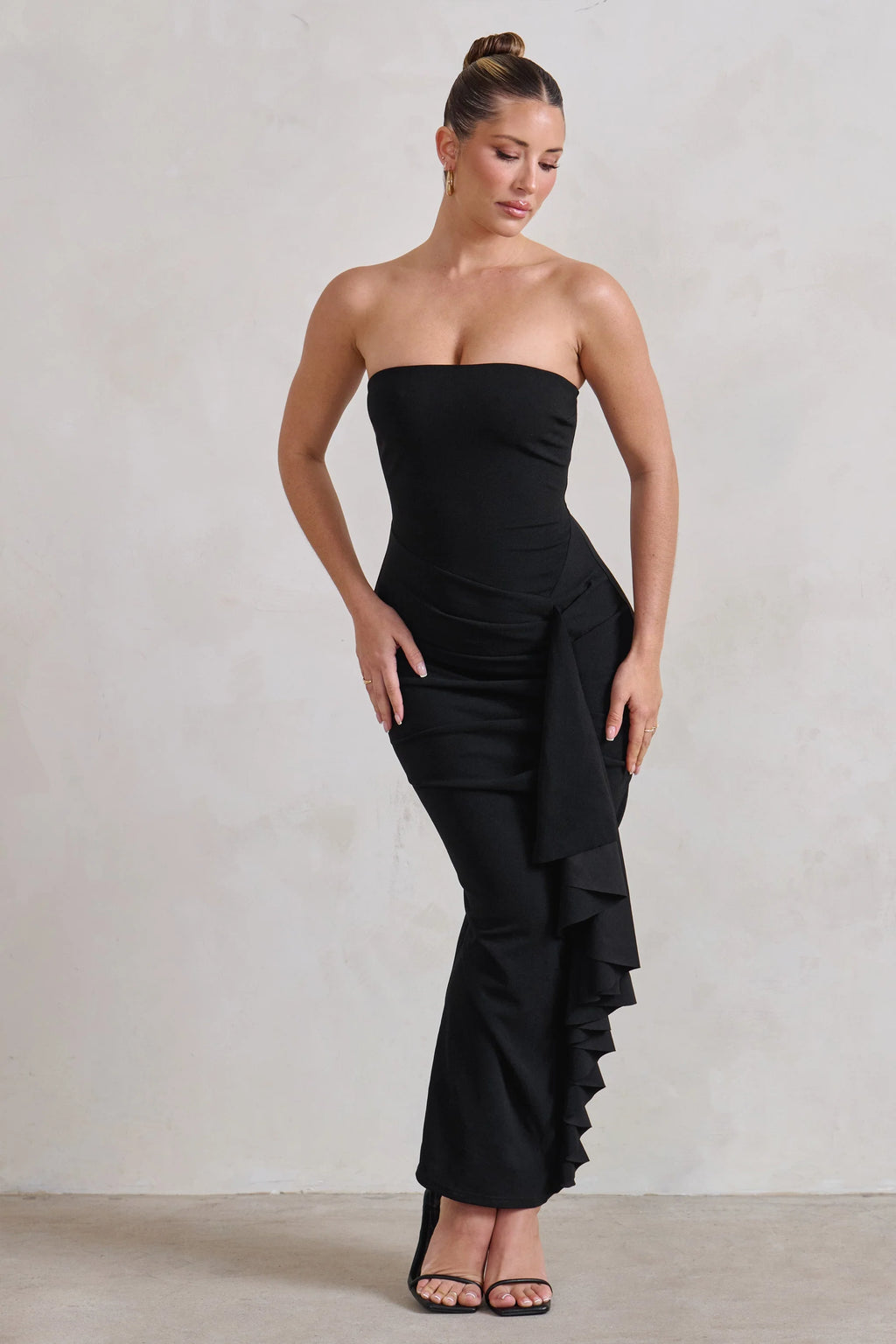 Fleur | Black Bandeau Ruffle Maxi Dress