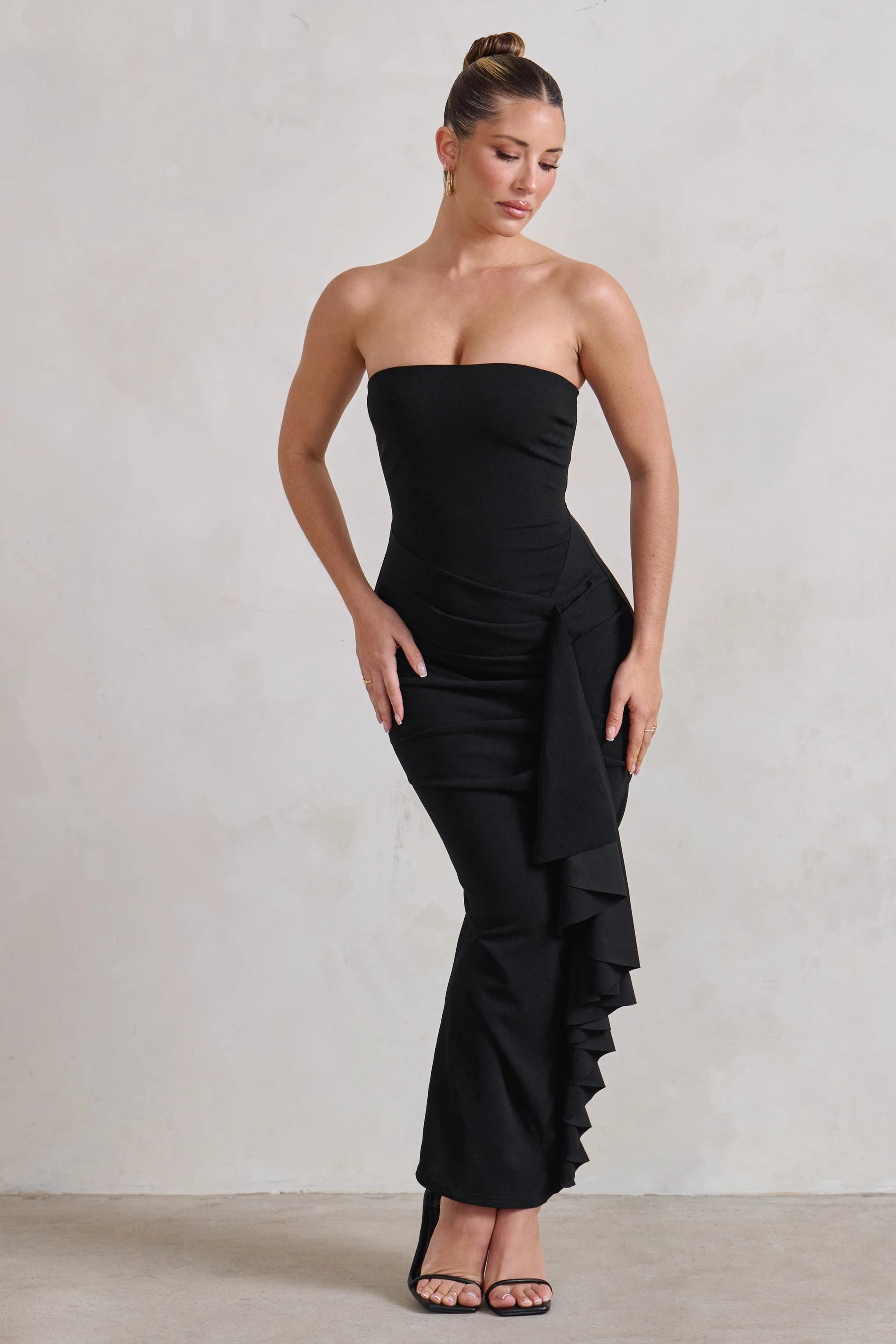 Fleur | Black Bandeau Ruffle Maxi Dress