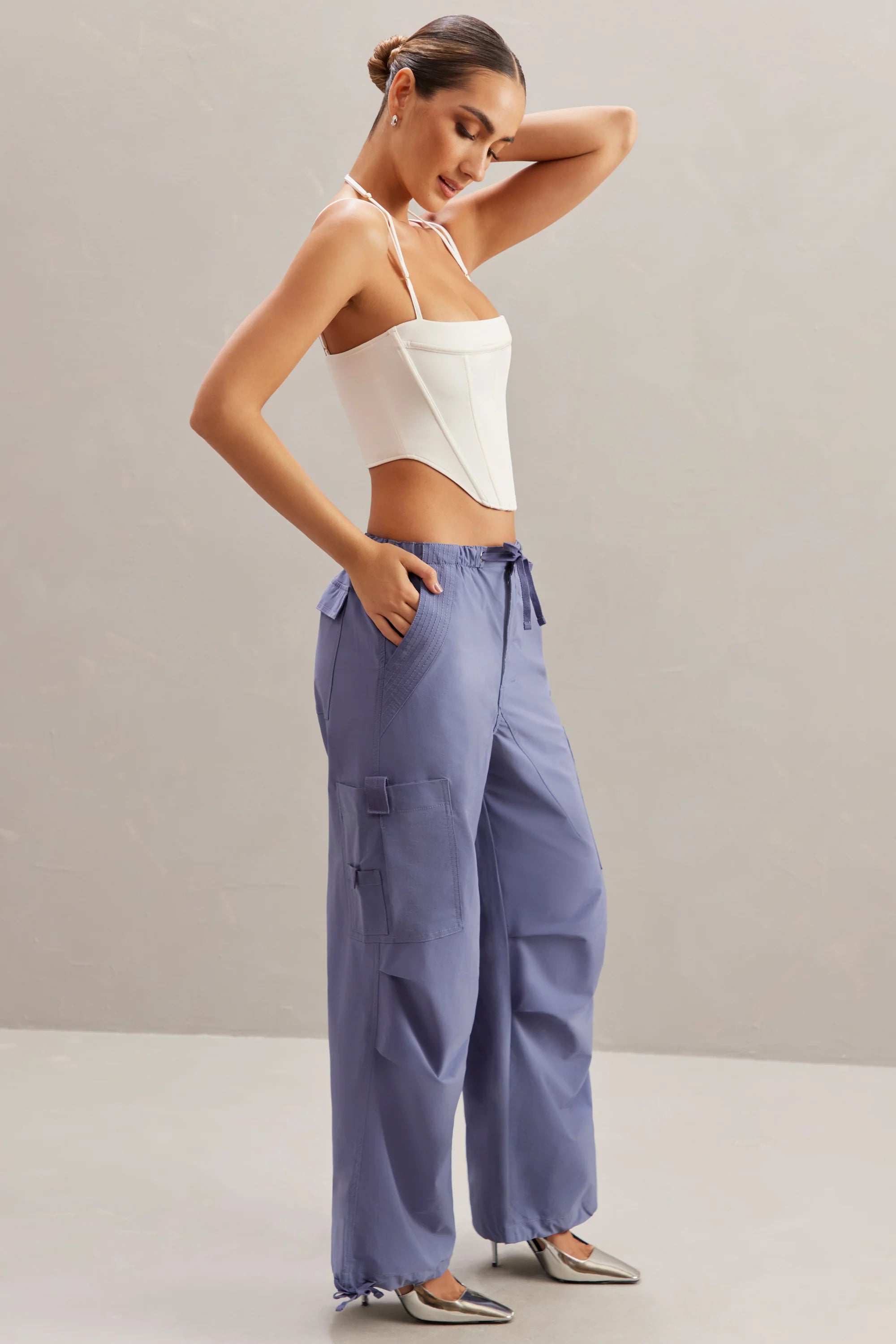 Petite Wide Leg Cargo Trousers in Dusty Blue