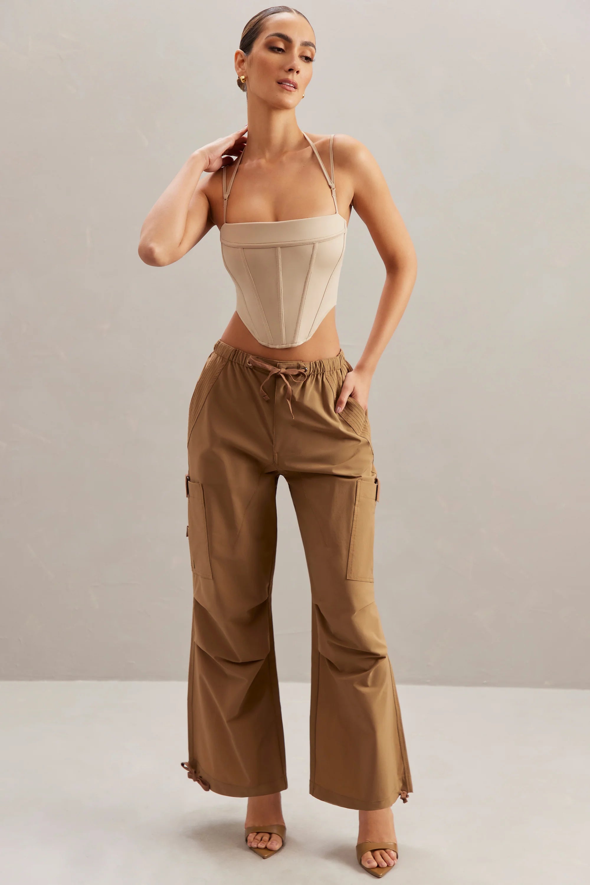 Petite Wide Leg Cargo Trousers in Tan