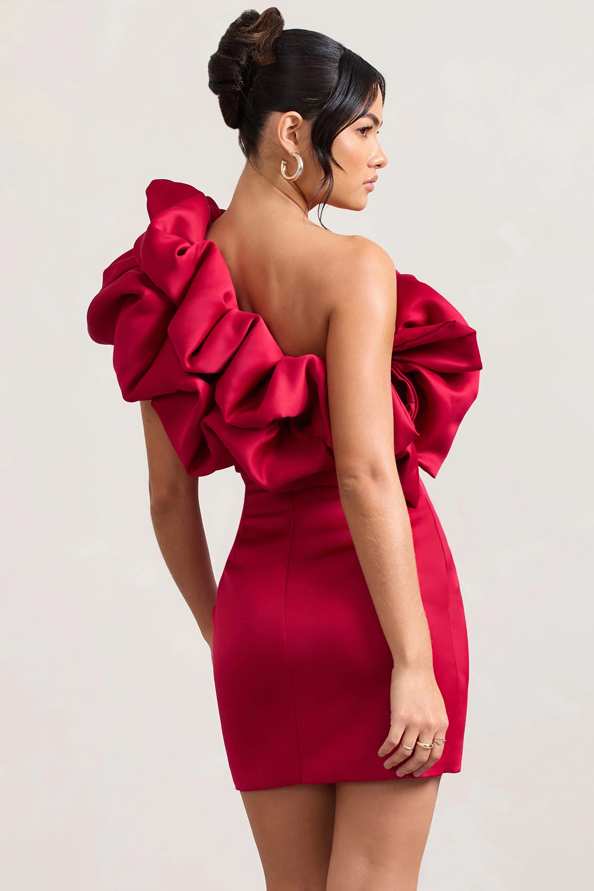 At The Opera | Red Satin Asymmetric Ruffled Mini Dress