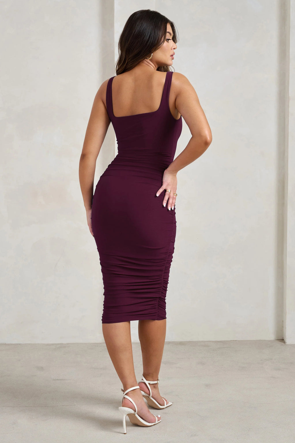 Lisbon | Plum Square Neck Ruched Midi Dress