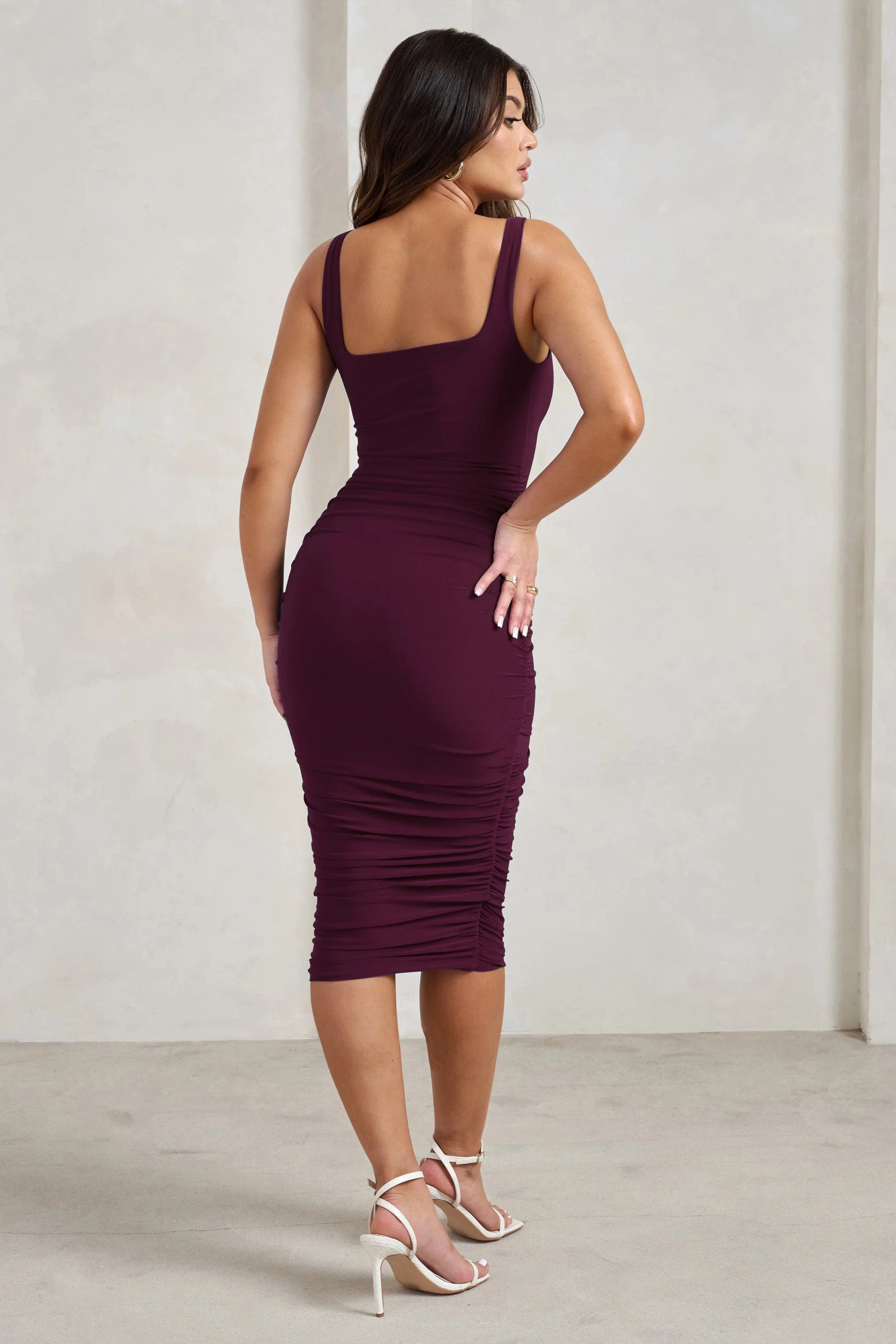 Lisbon | Plum Square Neck Ruched Midi Dress