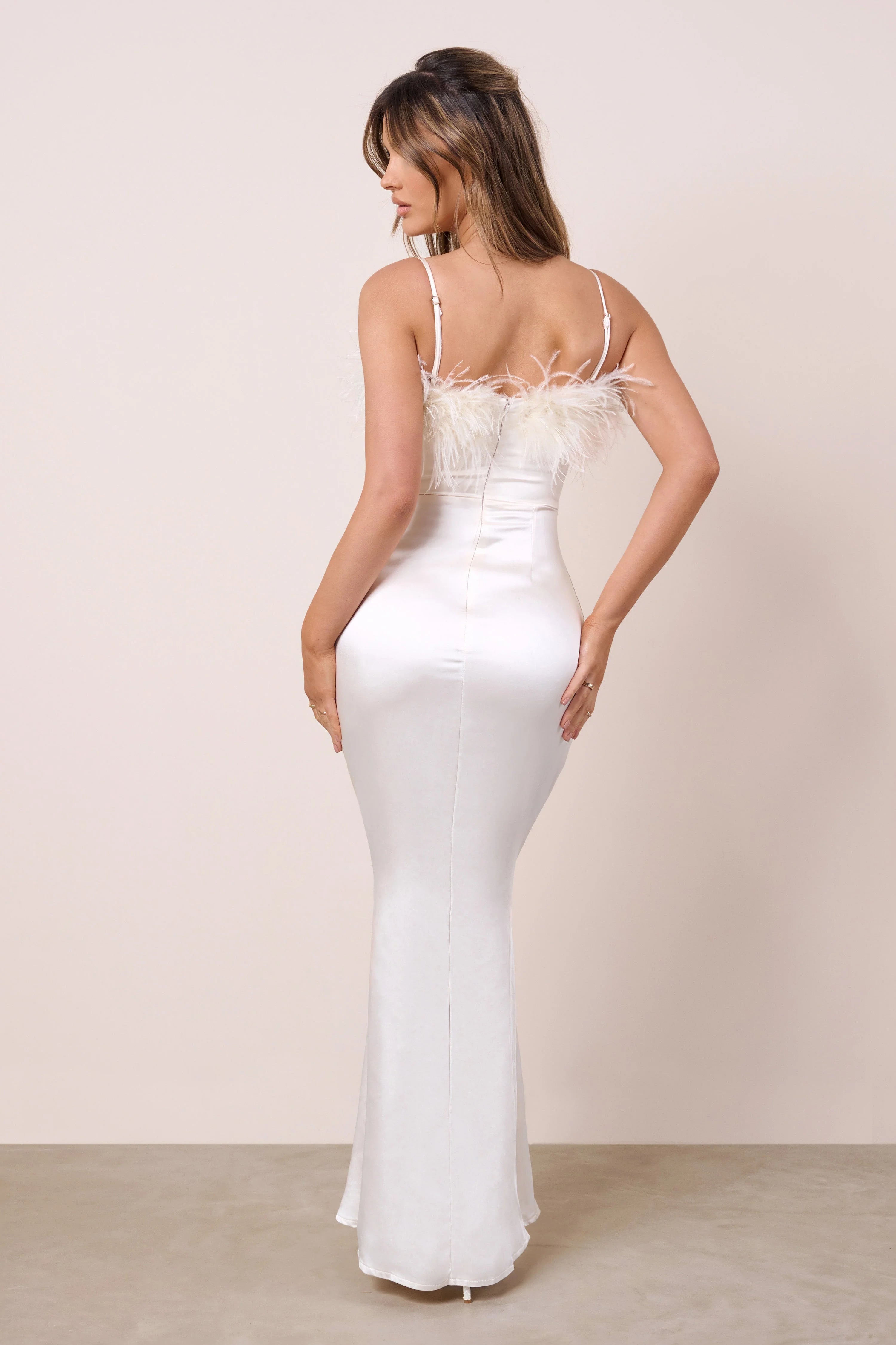 Add The Drama | Ivory Satin Square Neck Maxi Dress With Feather Trim