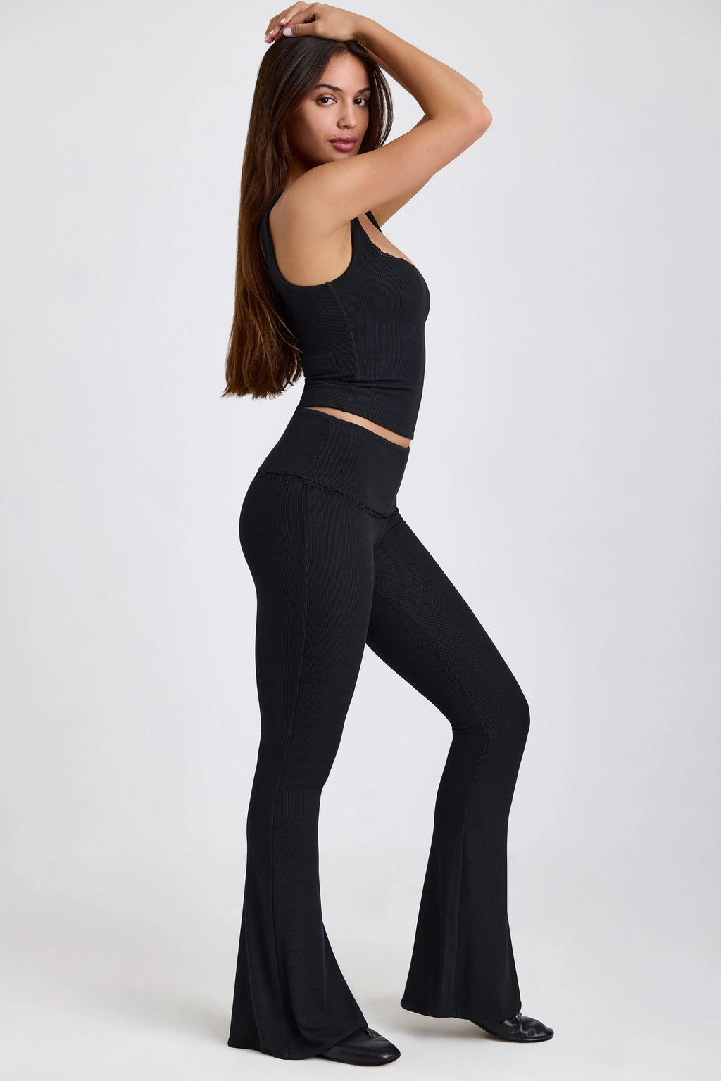 Tall Ribbed Modal Mid-Rise Foldover Flared Trousers in Black