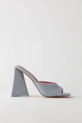Triangle Heel Linen Mule Heels in Grey