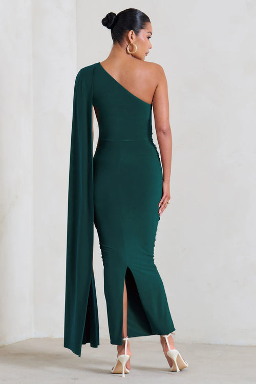 Amaryllis | Bottle Green Maternity One Shoulder Maxi Dress with Cape Sleeve