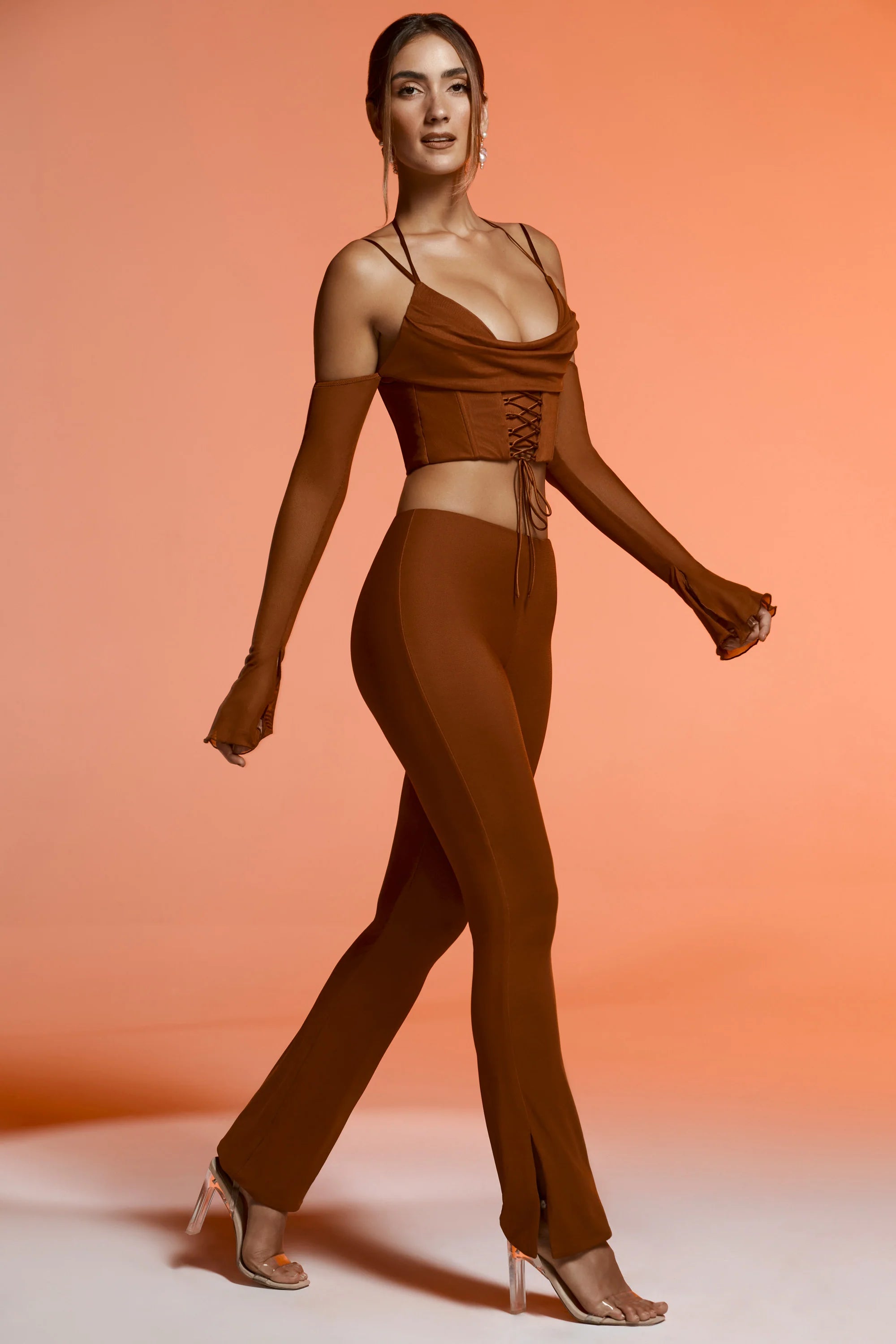 Tall Split Flare Trousers in Brown