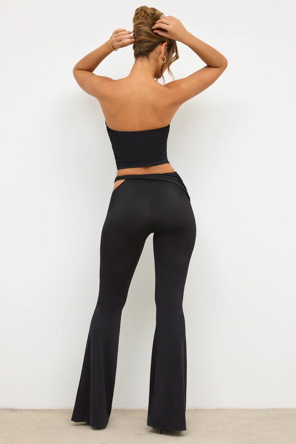 Tall Premium Jersey Rose Detail Mid-Rise Flare Trousers in Black