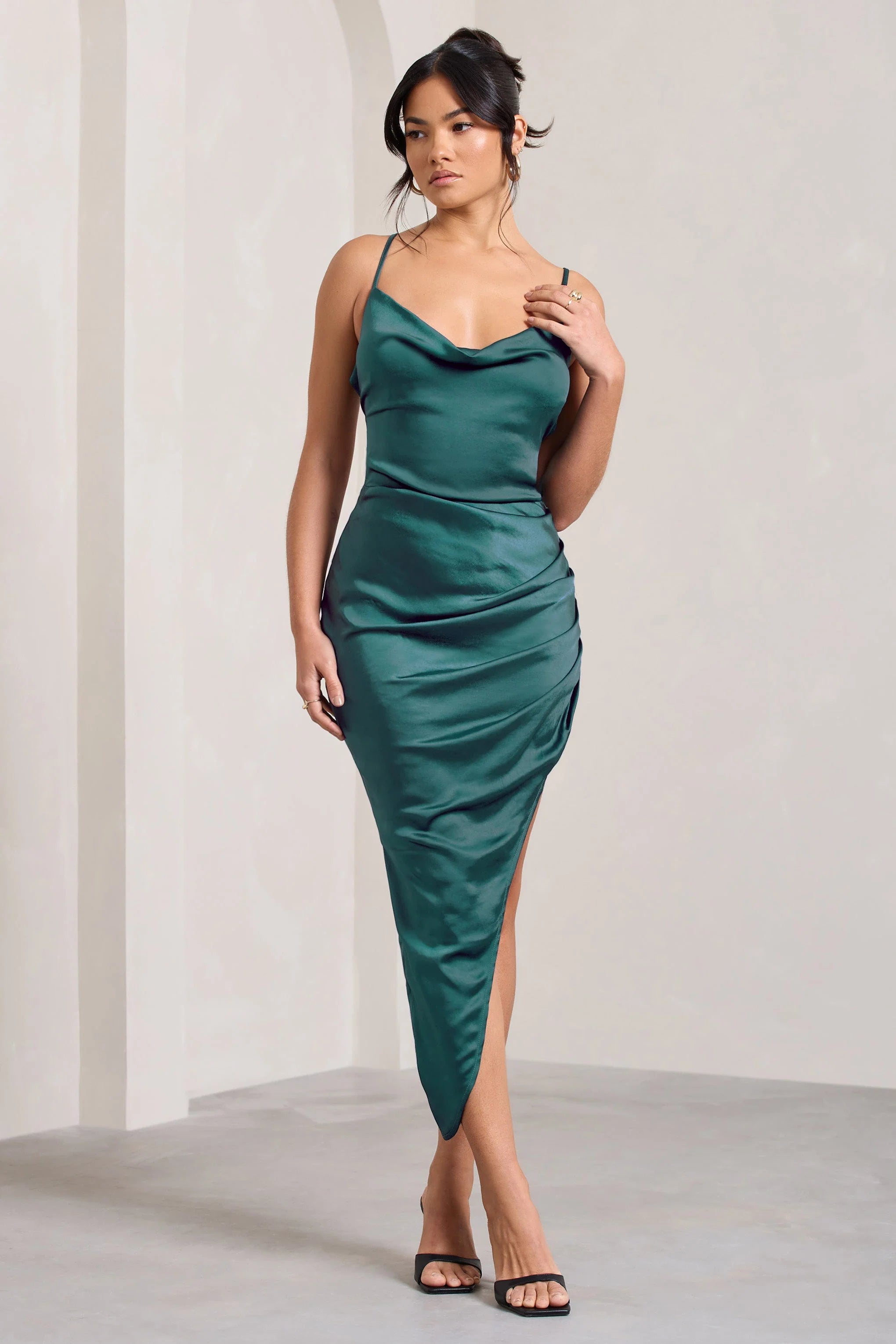 Risk It All | Teal Blue Satin Cami Cowl Neck Asymmetric Hem Midi Dress