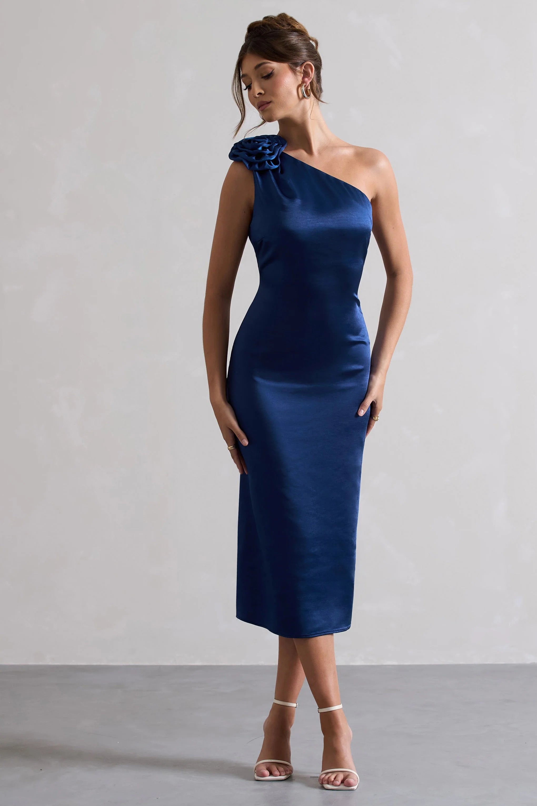 Ascot | Navy Satin Asymmetric Midi Dress With Corsage