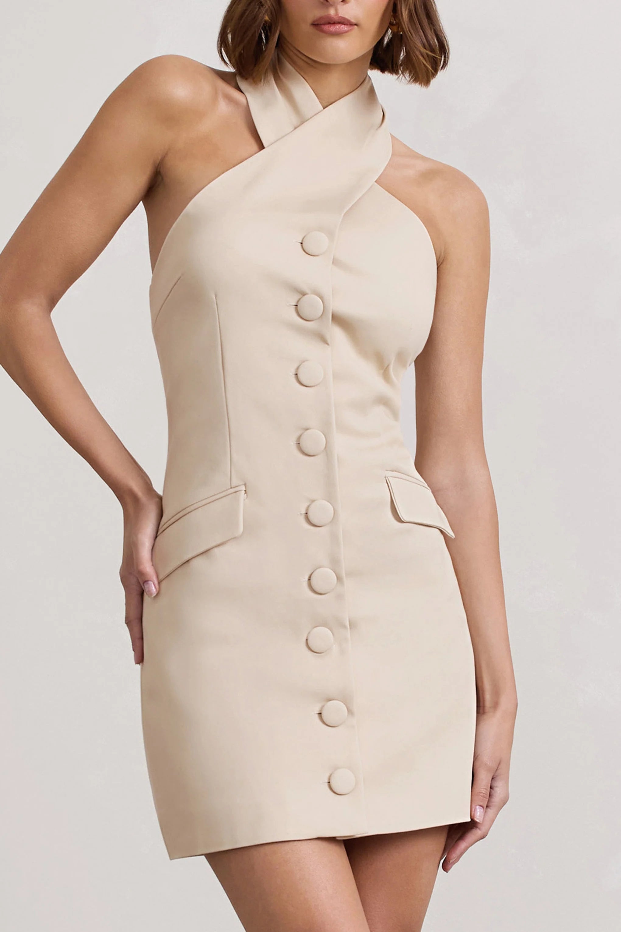 Dani | Stone Halter Neck Tailored Buttoned Bodycon Mini Dress