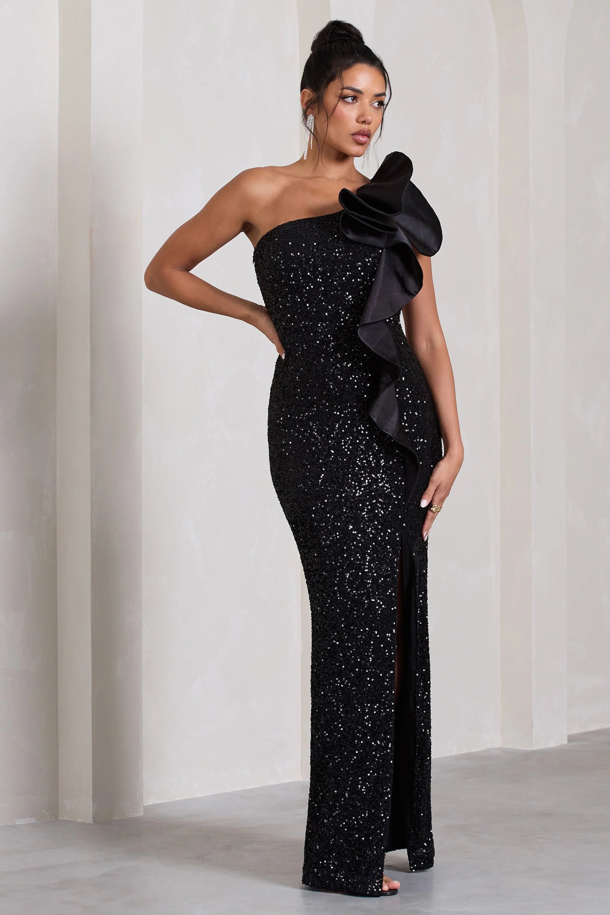 Award | Black Sequin Asymmetric Cut-Out Split Maxi Dress With Ruffle Detail
