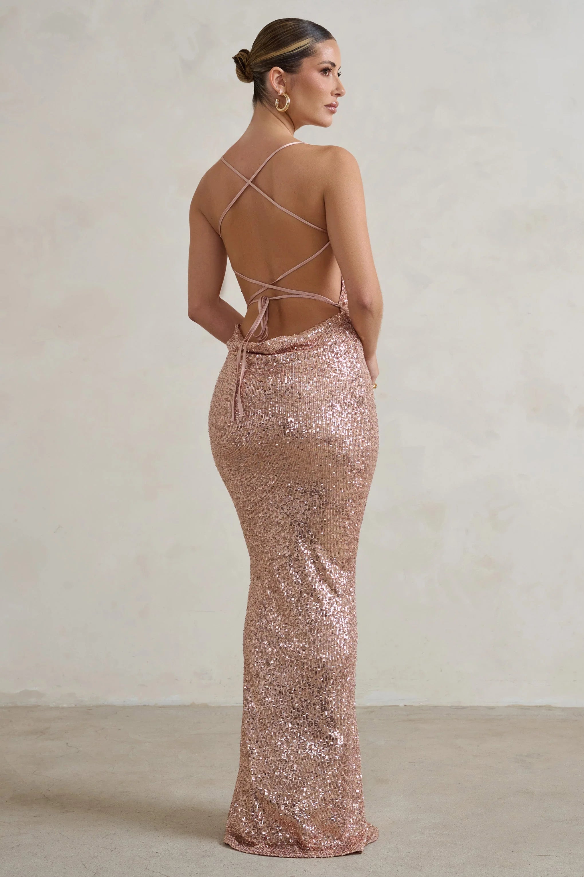 Seeing Stars | Champagne Cowl Cami Sequin Maxi Dress With Waist Tie