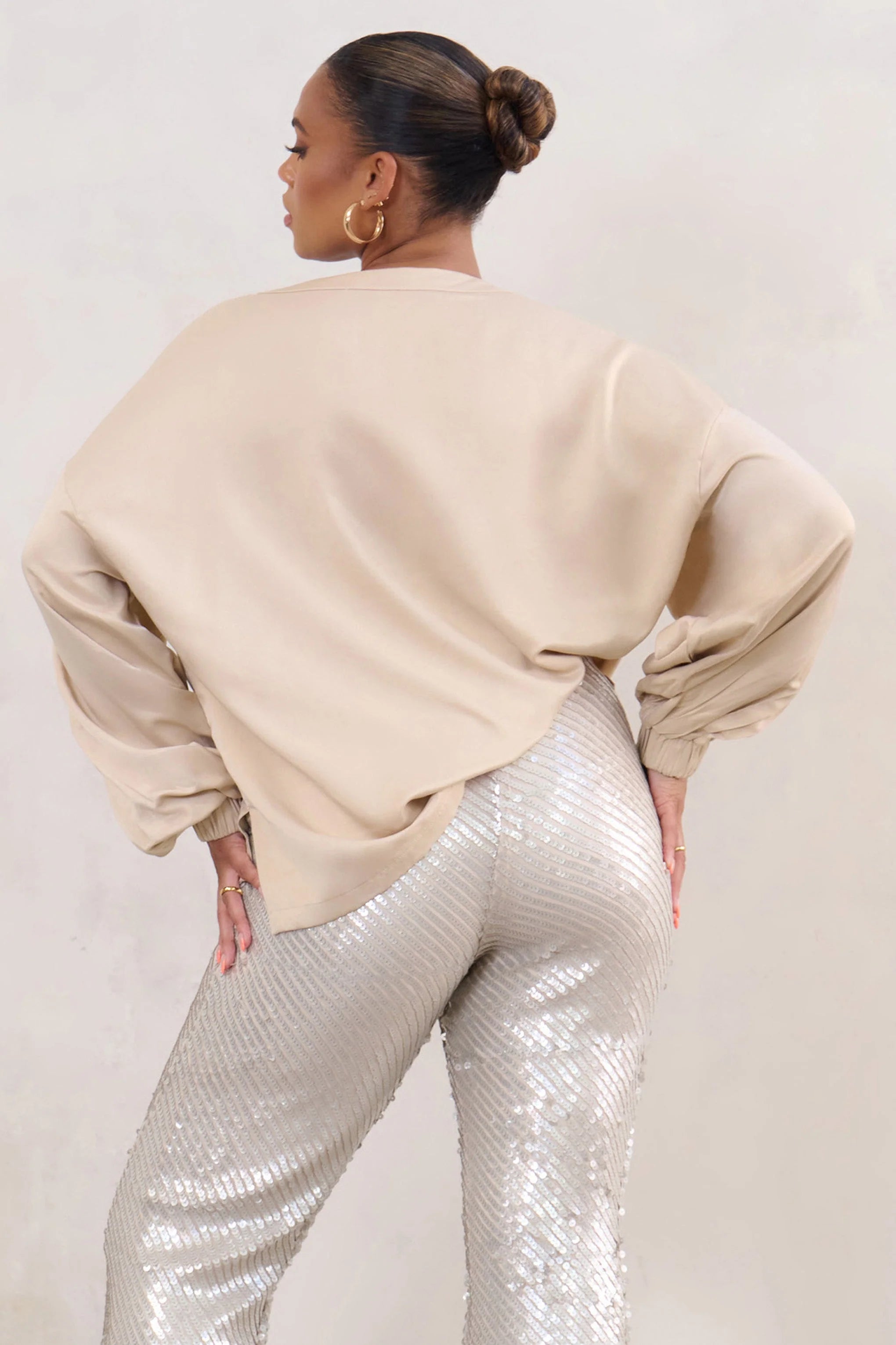 Smooth Talk | Plus Champagne Oversized Long Sleeve Satin Top