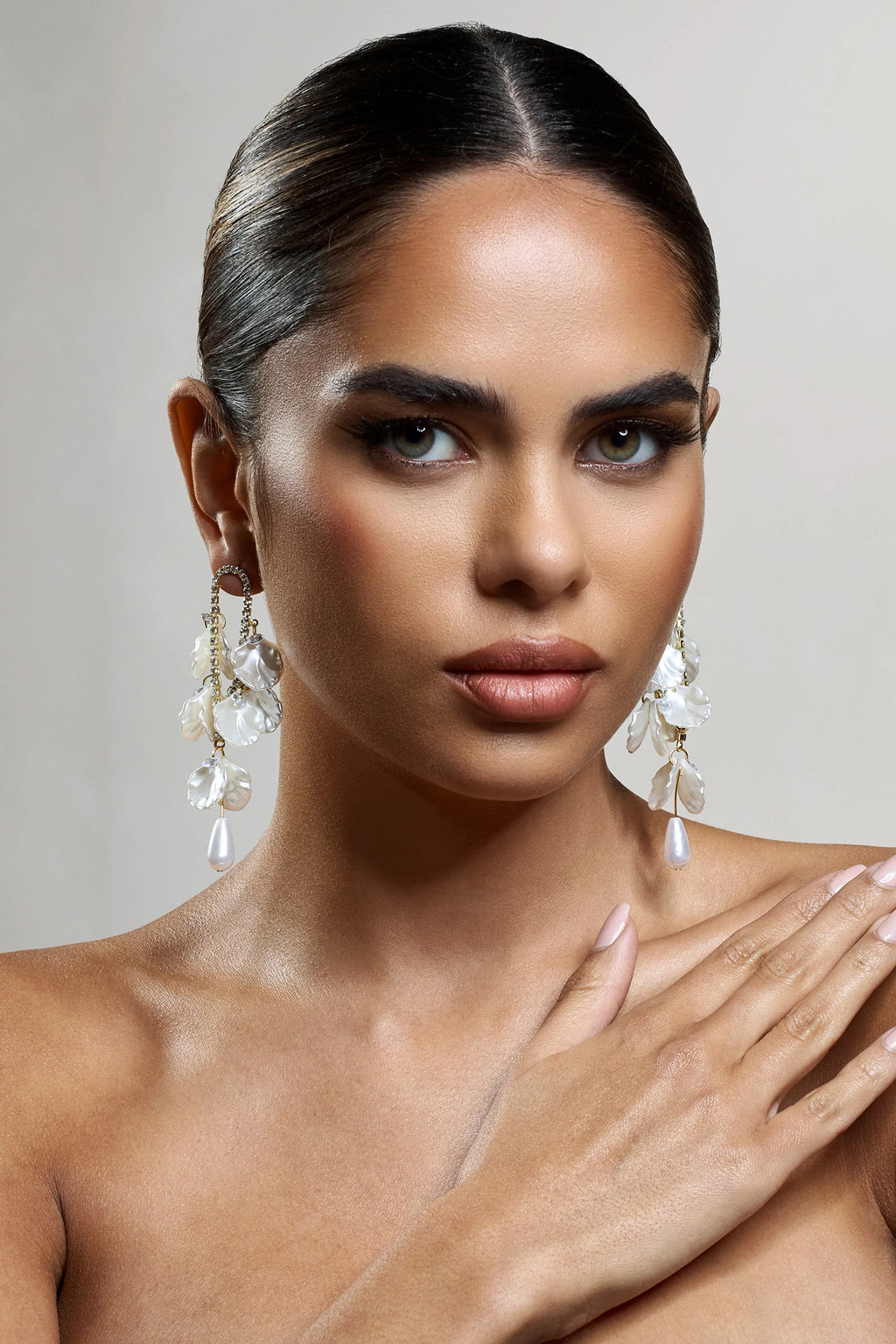 Lavinie | Gold Diamante Pearl Petal Dangle Earrings