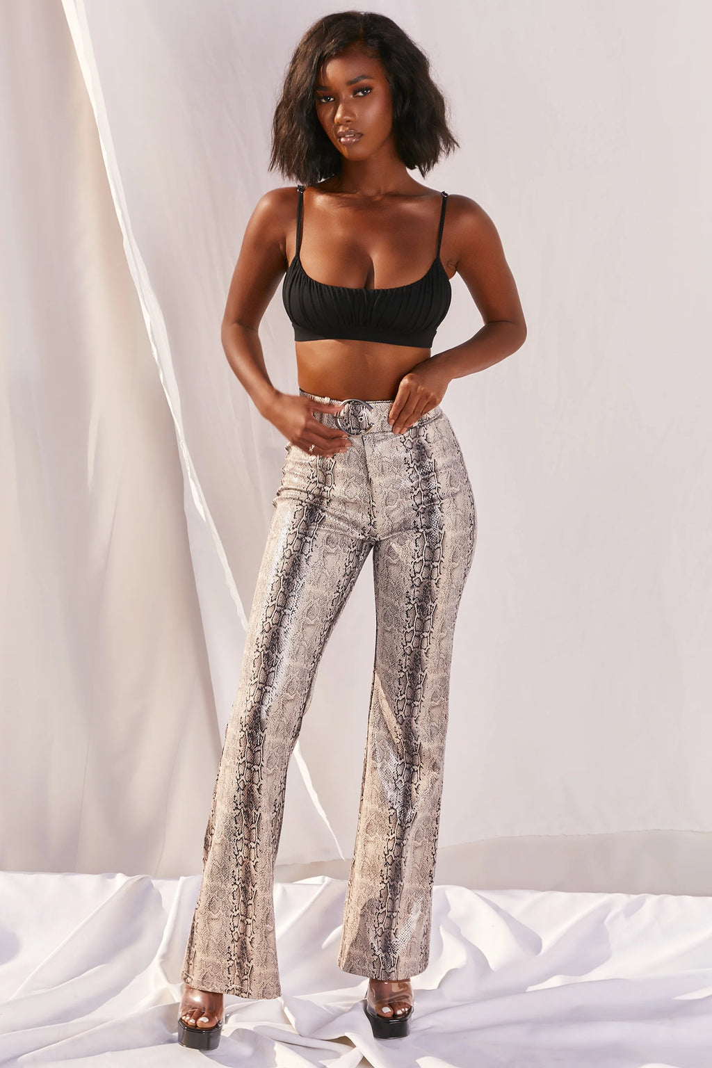 Drive ‘Em Wild High Waisted Wide Leg Trousers in Grey Snake Print
