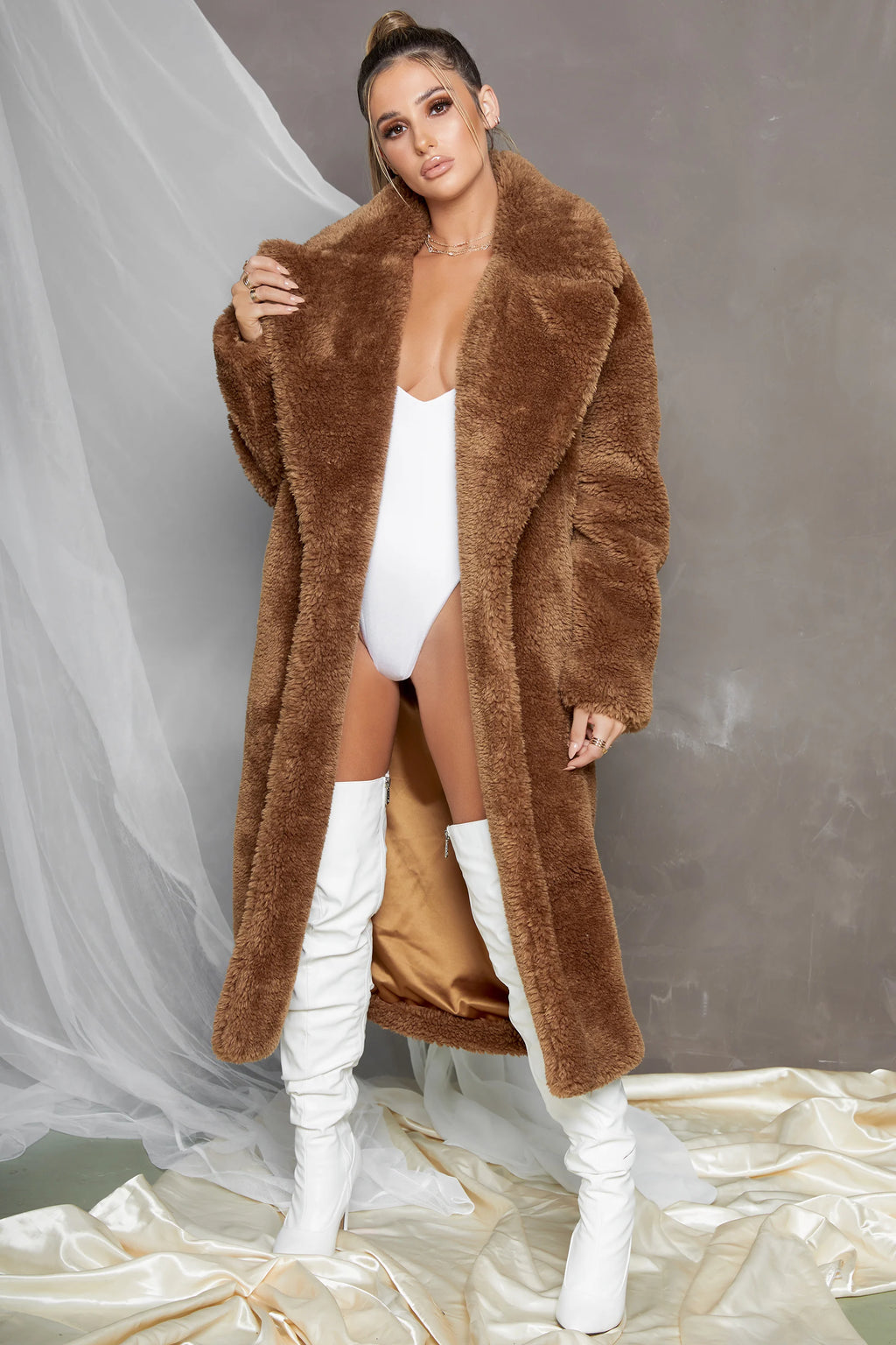 Empire Oversized Longline Cocoon Teddy Coat in Dark Brown