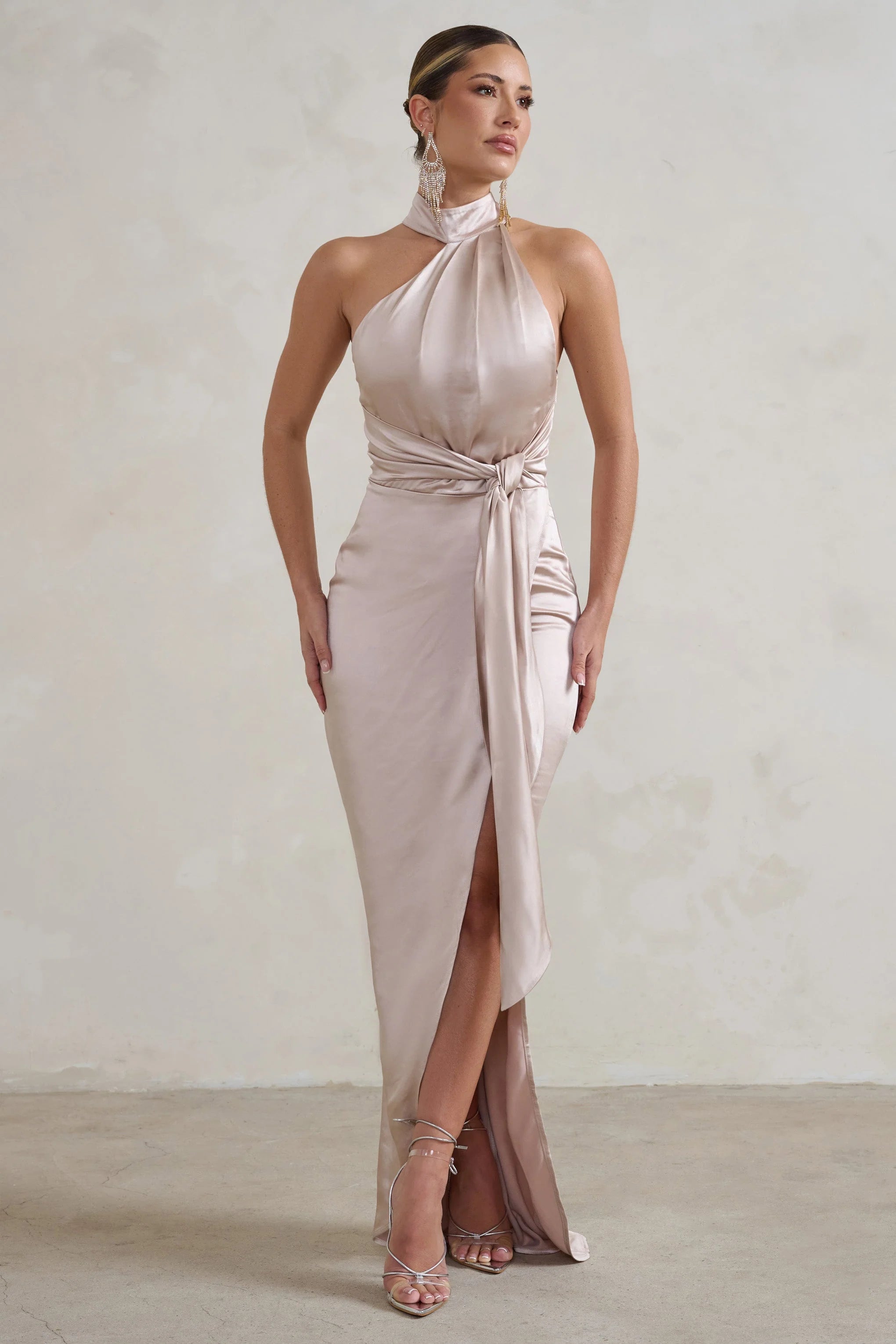 Tattianna | Champagne Asymmetric Tie Detail High Neck Satin Maxi Dress
