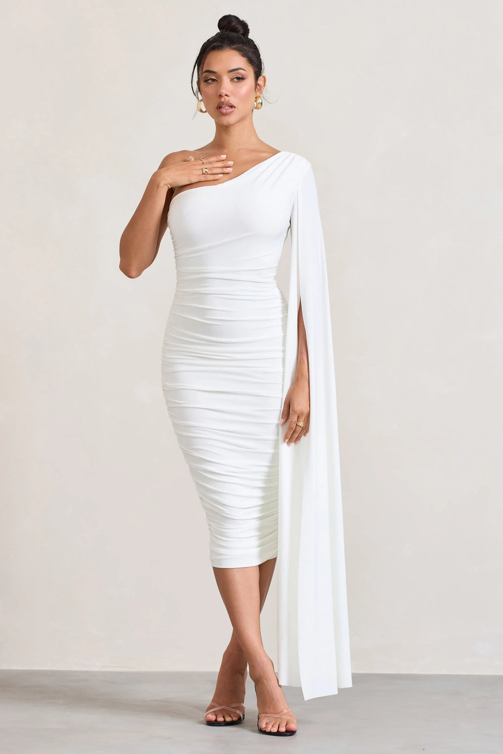 Yara | White One Shoulder Cape Ruched Midi Dress