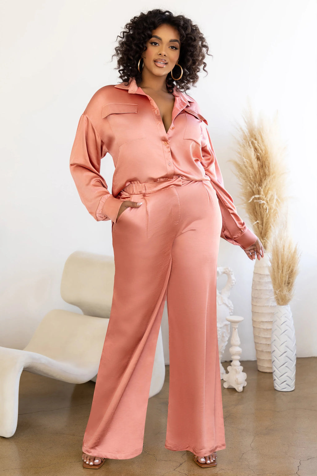 No Limits | Plus Coral Satin Wide Leg Trousers