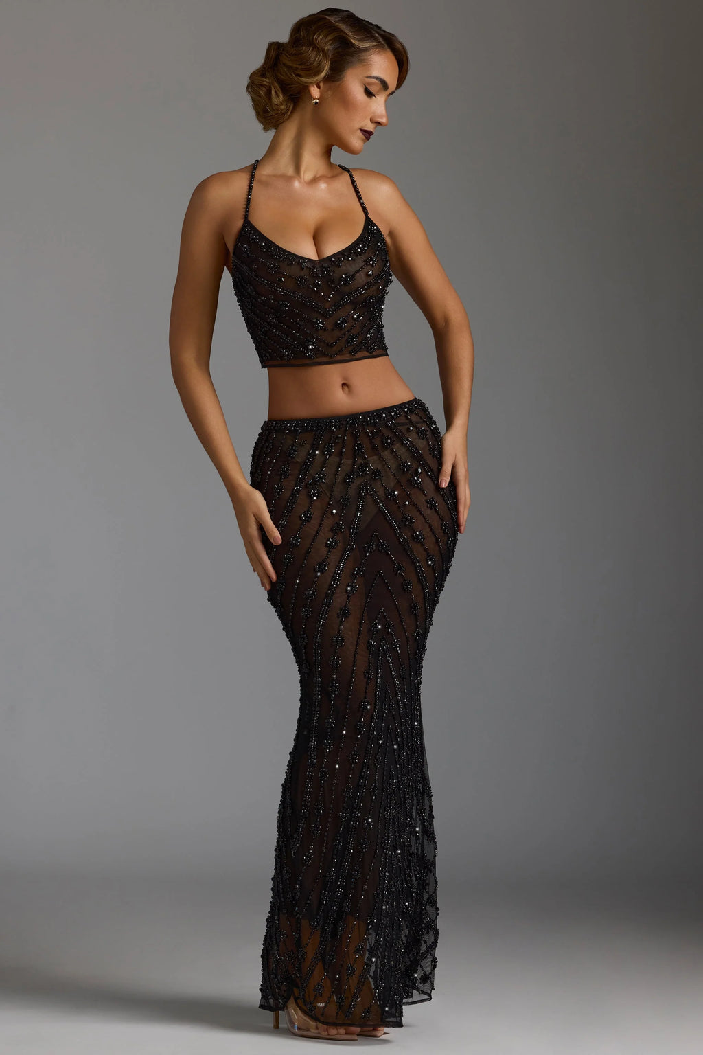 Hand Embellished Sheer Cami Crop Top in Black