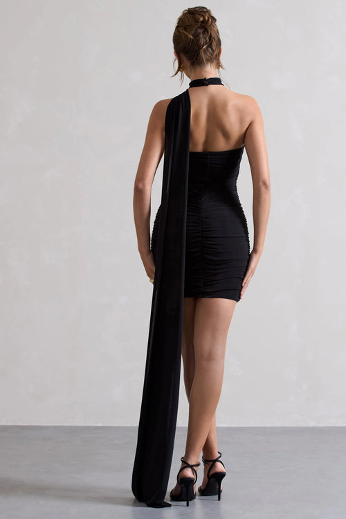 Abel | Black Ruched Asymmetric Mini Dress With Scarf