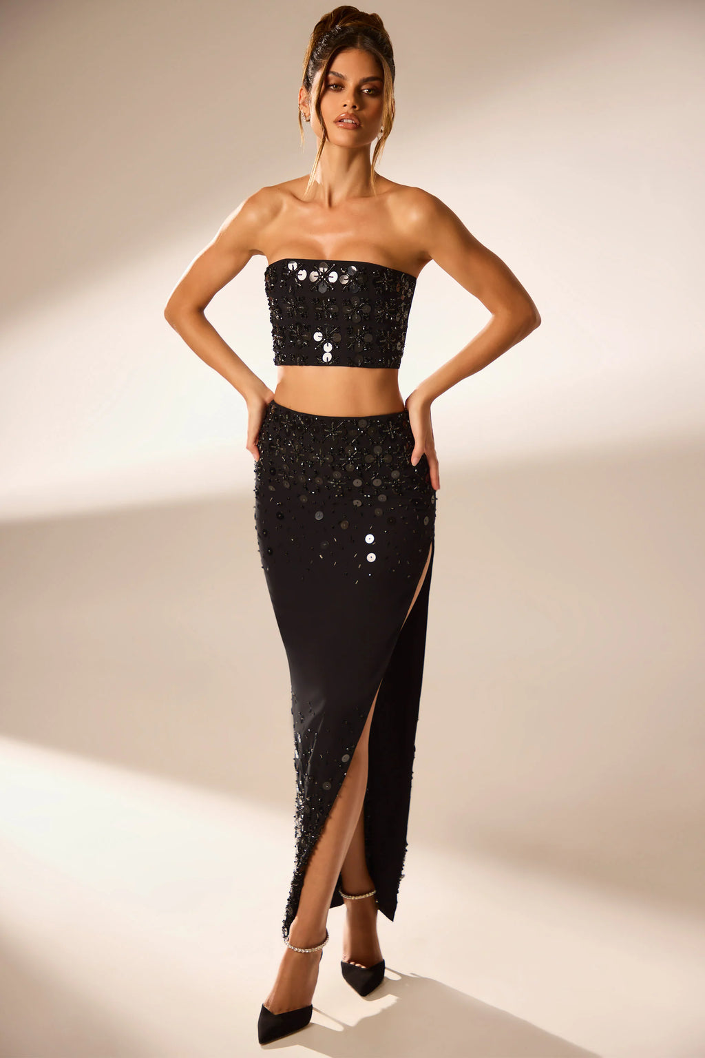Hand Embellished Maxi Skirt in Black