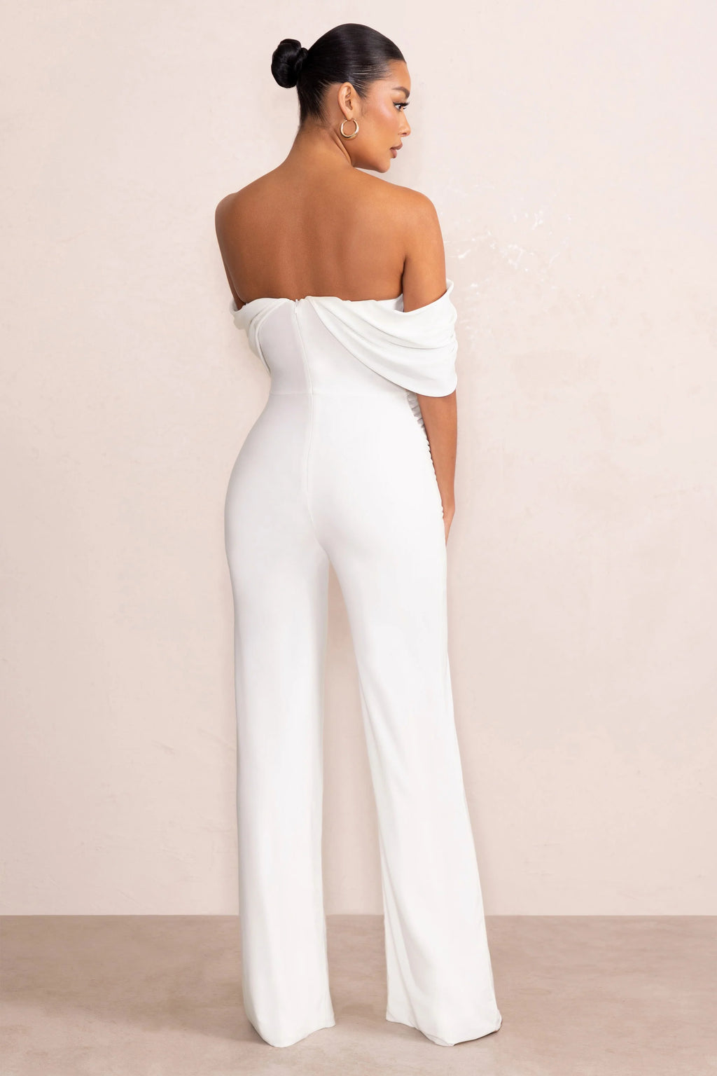 Renata | White Draped Sleeve Bardot Maternity Jumpsuit