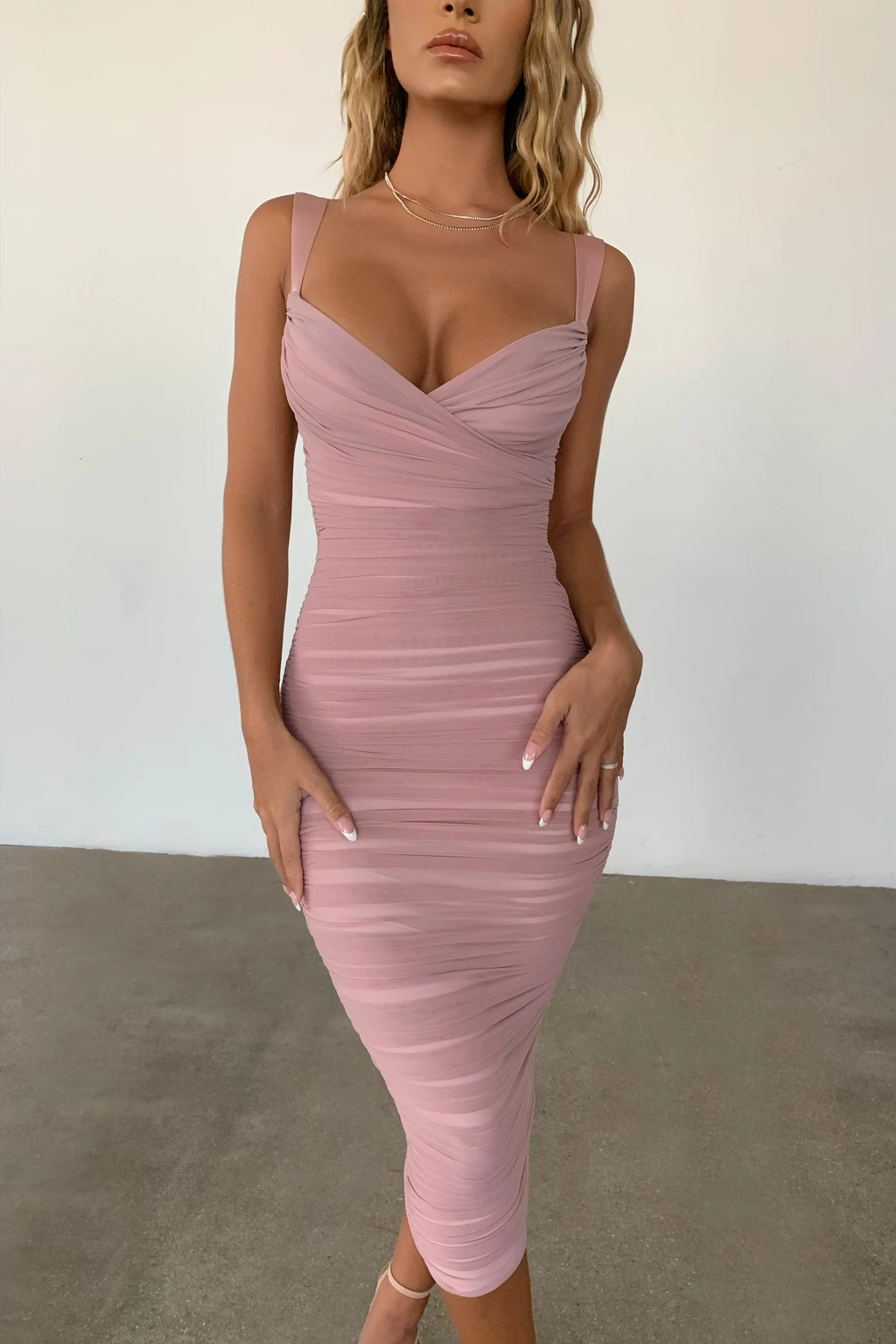 Fit The Bill Ruched Mesh Bodycon Midaxi Dress in Mauve