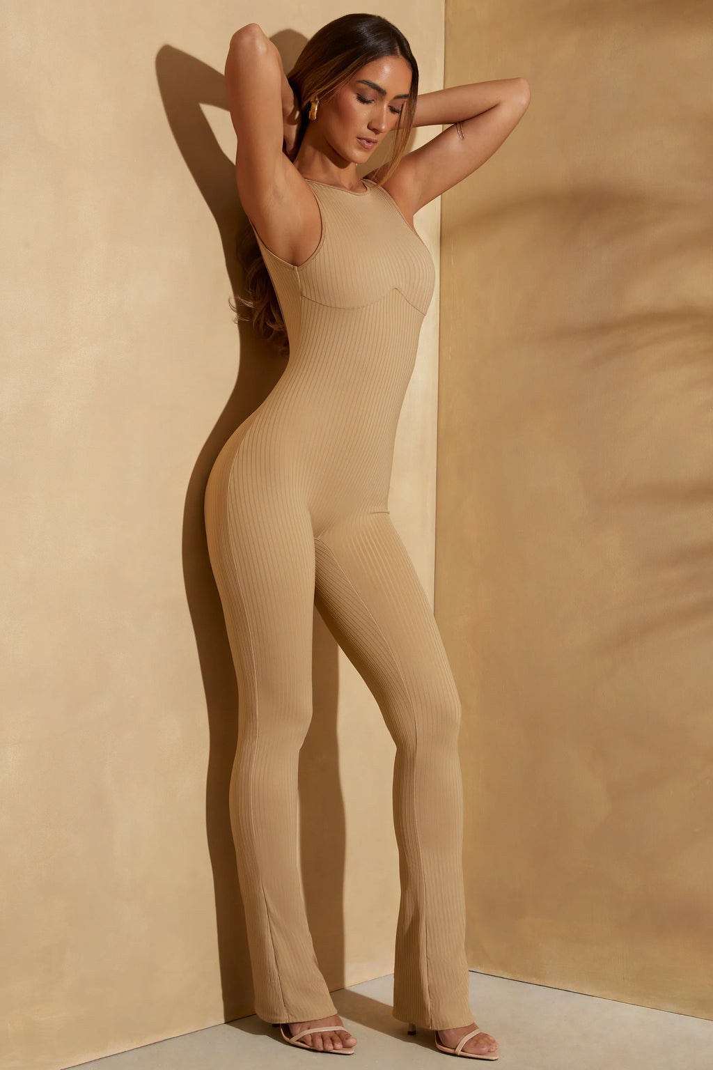 Tall Ribbed Cut Out Back Jumpsuit in Tan