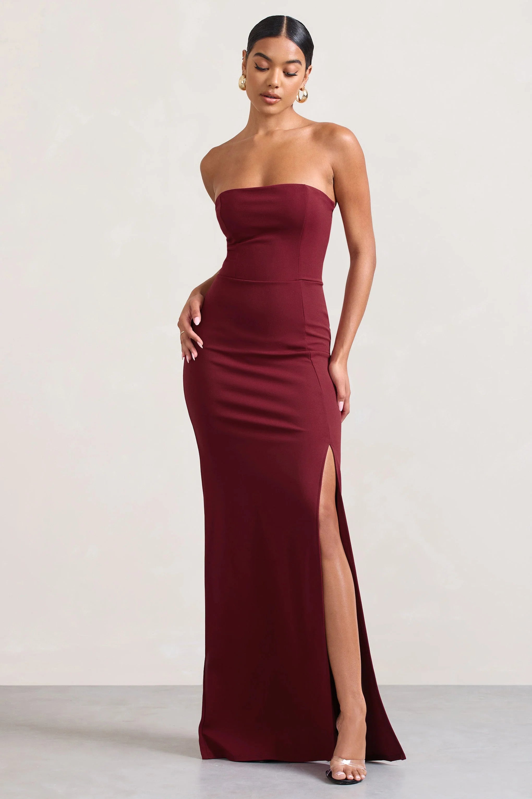 Belle of The Ball | Berry Bandeau Maxi Dress With Split Hem
