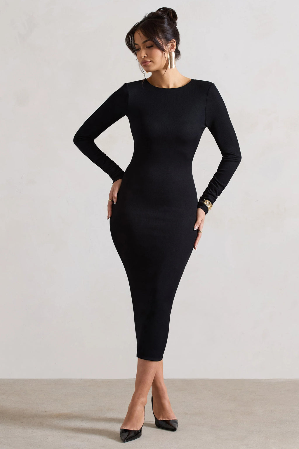 Madden | Black Rib Knit Cowl-Back Midi Dress