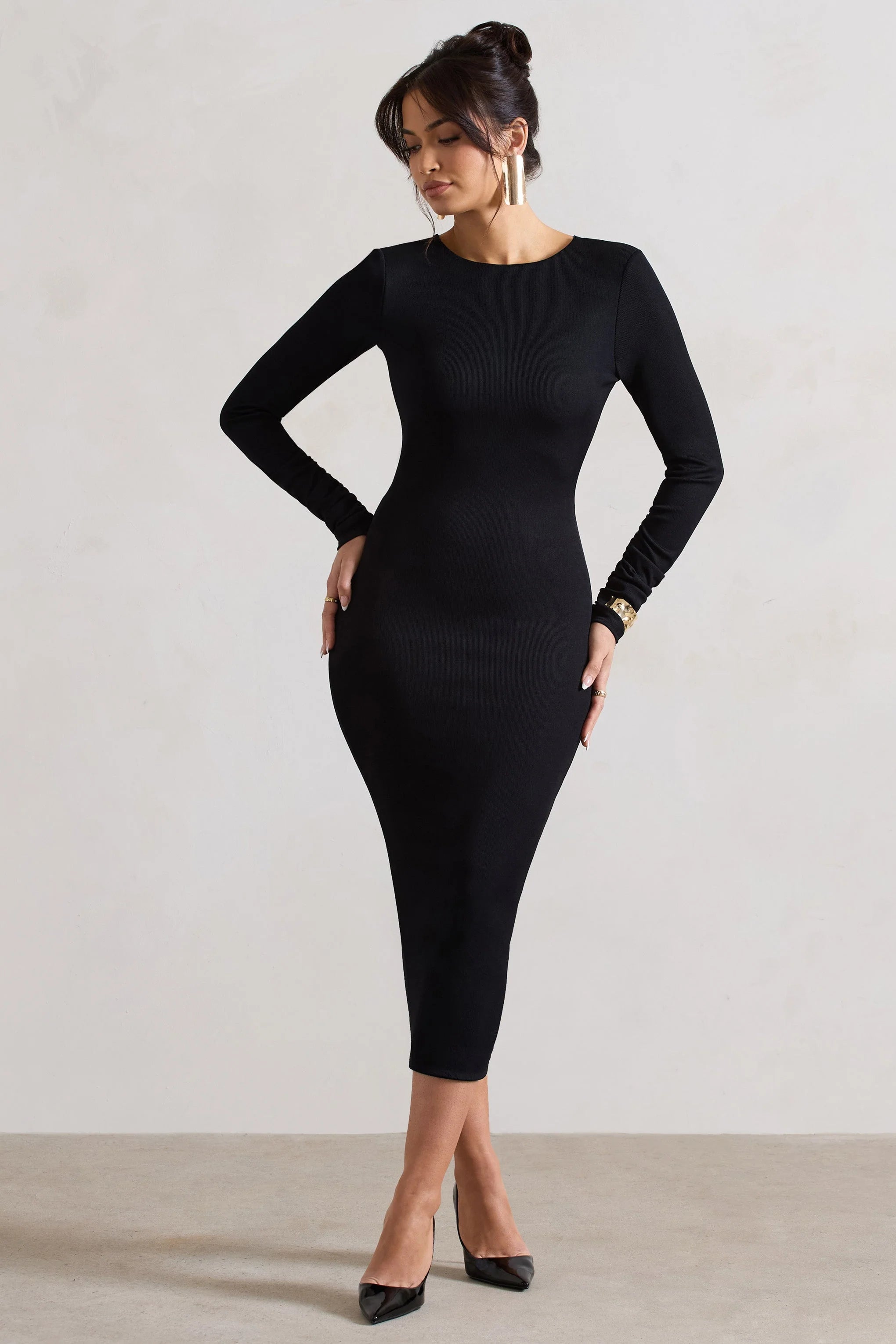 Madden | Black Rib Knit Cowl-Back Midi Dress