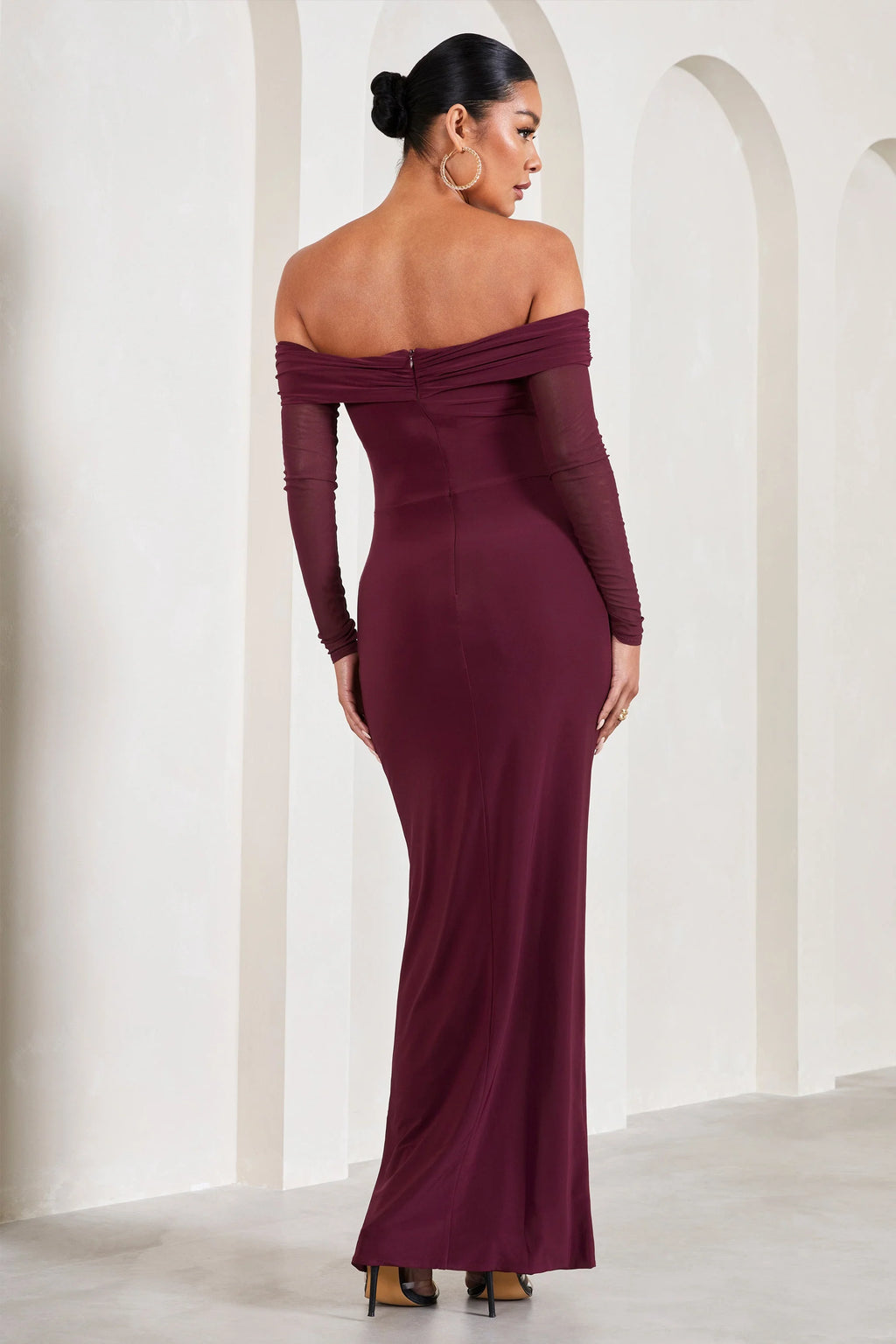 Elsie | Burgundy Bardot Long-Sleeved Maternity Maxi Dress
