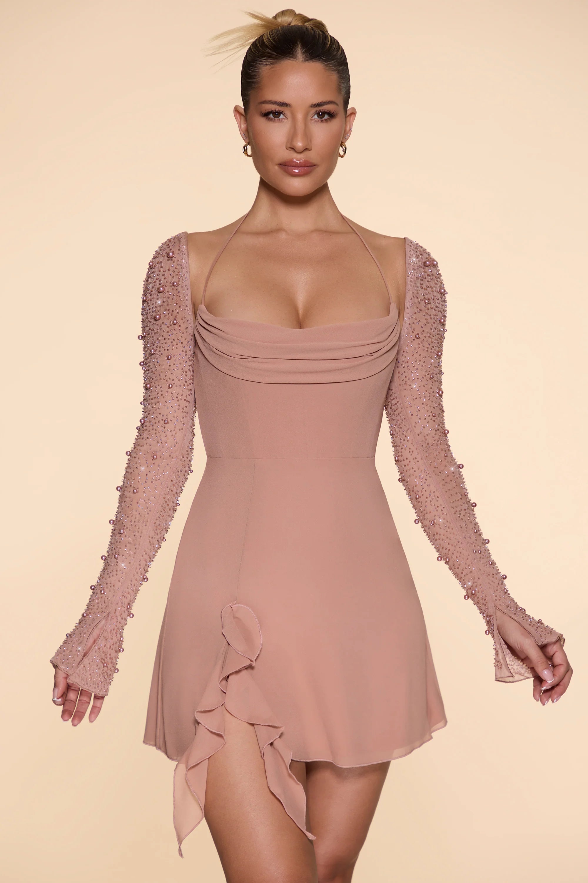 Long Sleeve Cowl Neck A-Line Mini Dress in Beige