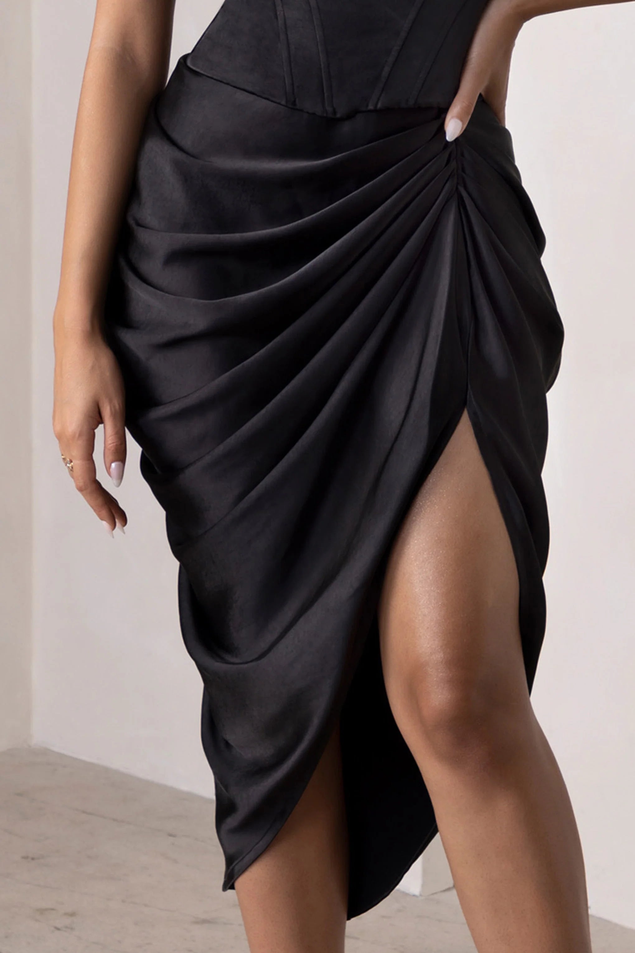 Unrivalled | Black Satin High Waist Thigh Split Midi Skirt