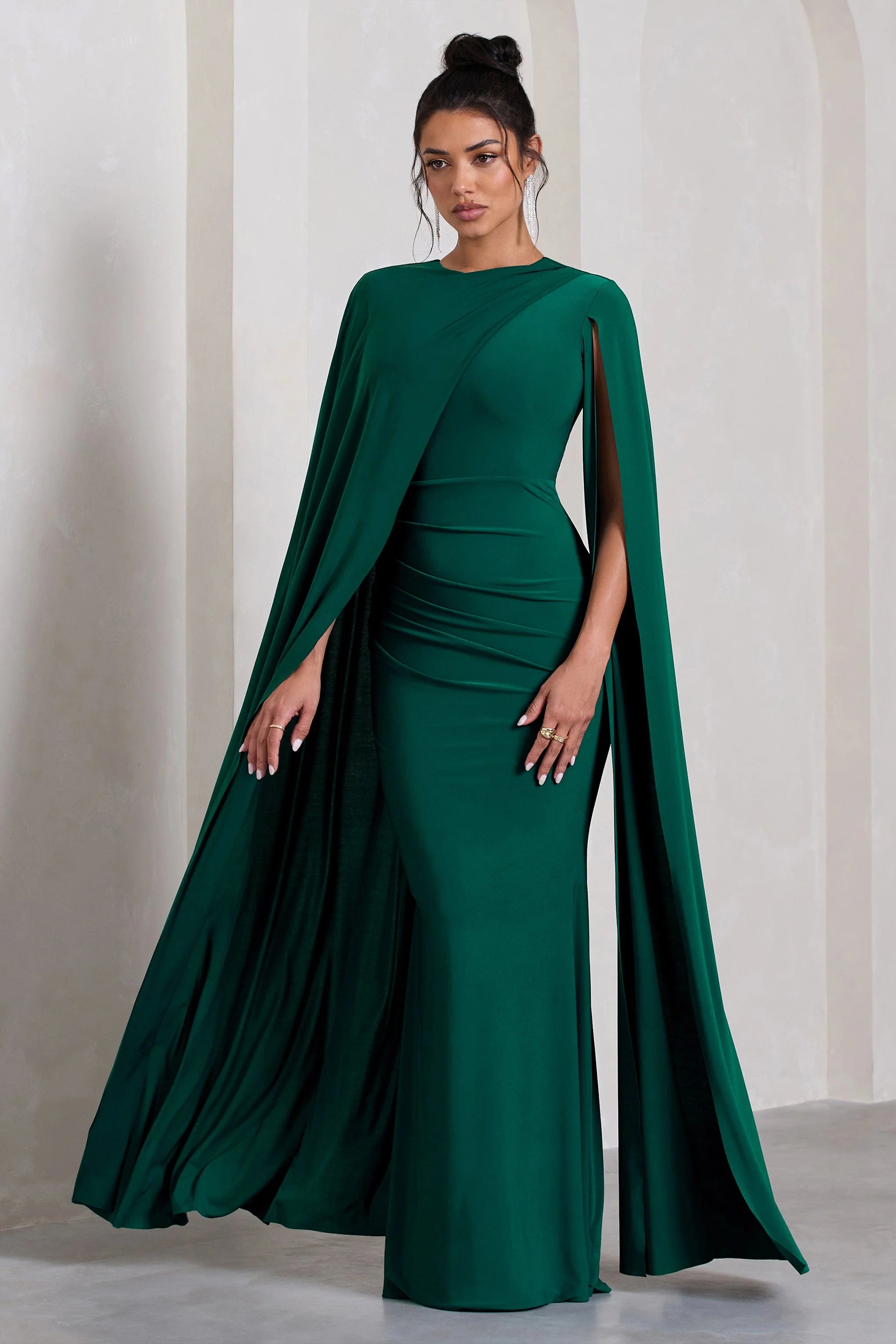 Magdelena | Bottle Green Asymmetric Cape Maxi Dress