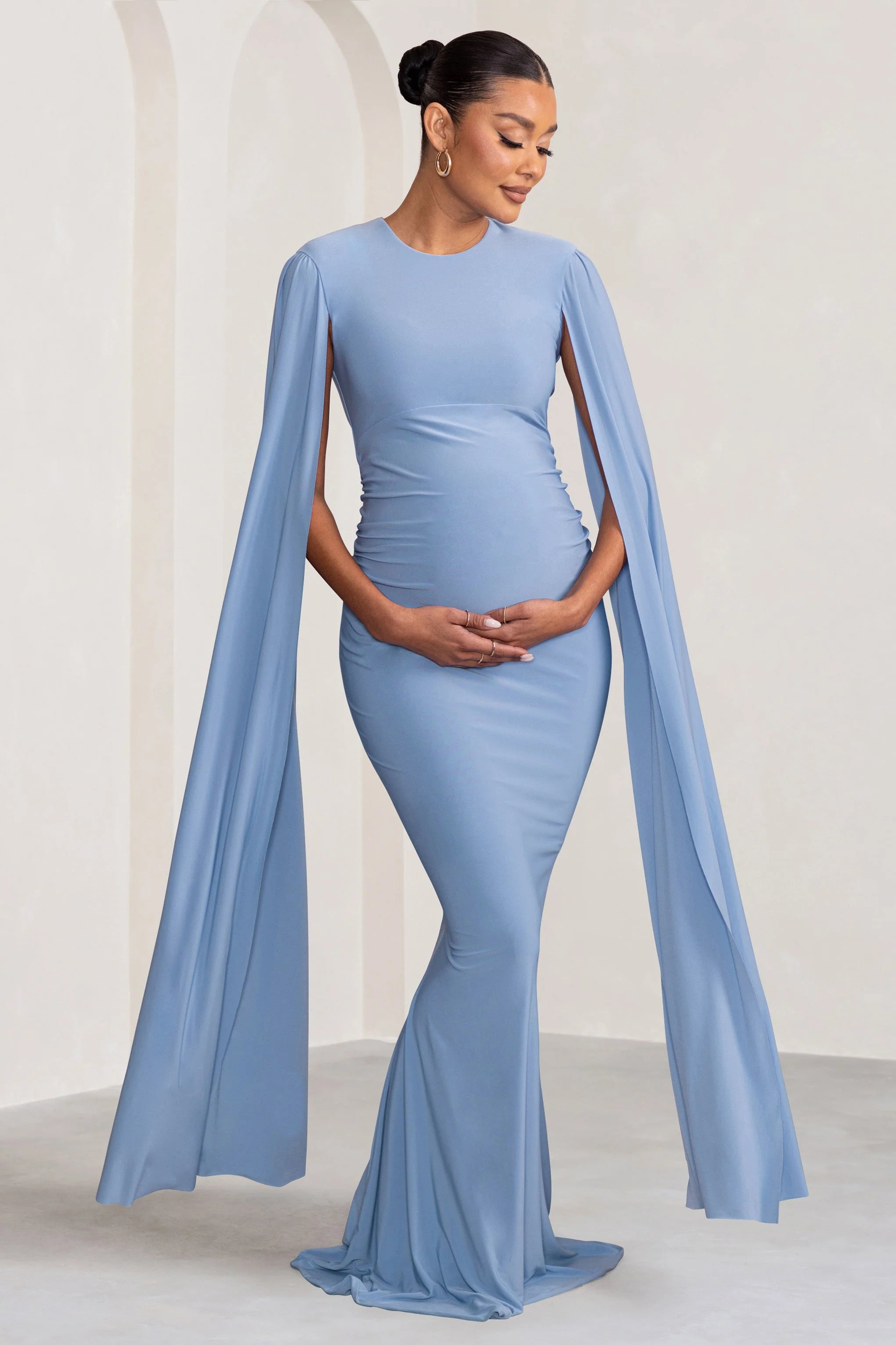 Briony | Powder Blue Maternity Maxi Dress with Cape Sleeves