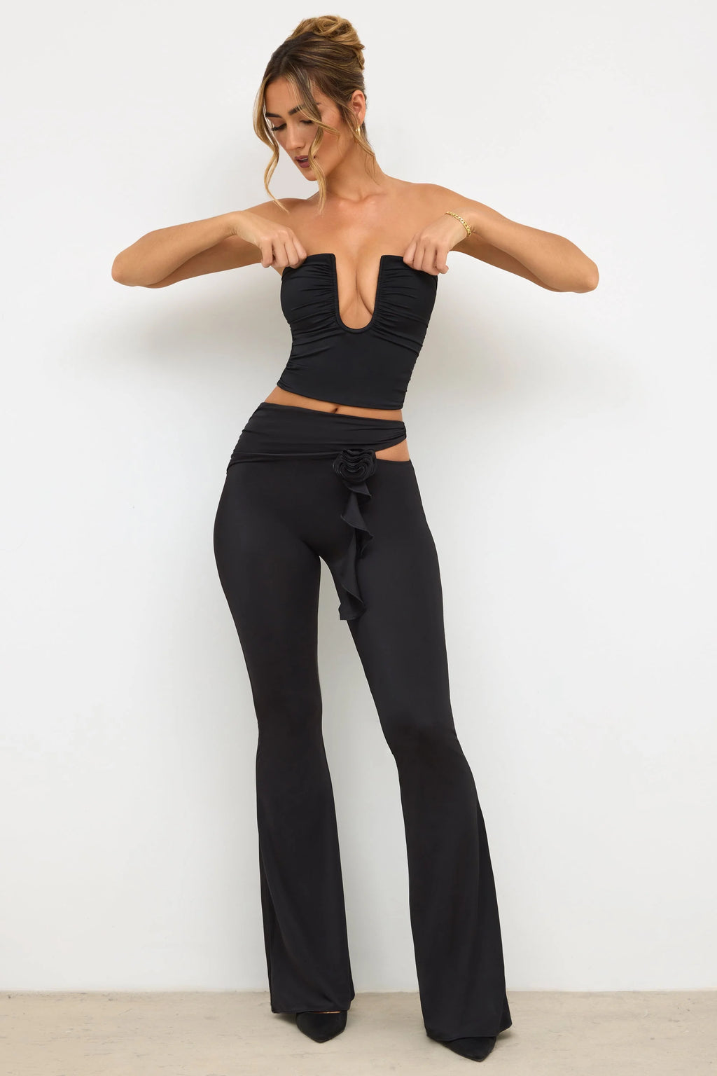 Premium Jersey Rose Detail Mid-Rise Flare Trousers in Black